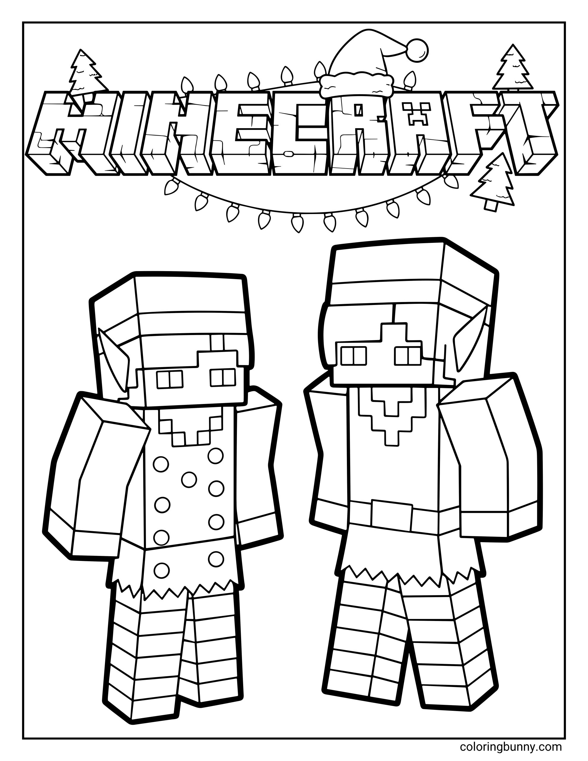 A Minecraft Christmas coloring page featuring two festive elves standing under the Minecraft logo decorated with a Santa hat, lights, and Christmas trees. Both elves wear blocky holiday outfits in the classic pixel style.