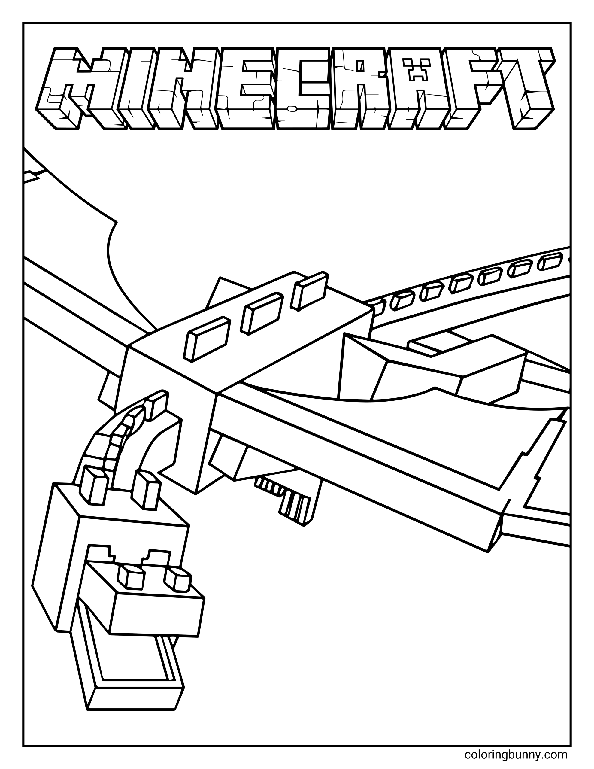 A Minecraft coloring page featuring the Ender Dragon flying with outstretched wings under the Minecraft logo, drawn in the game’s blocky and pixelated style.