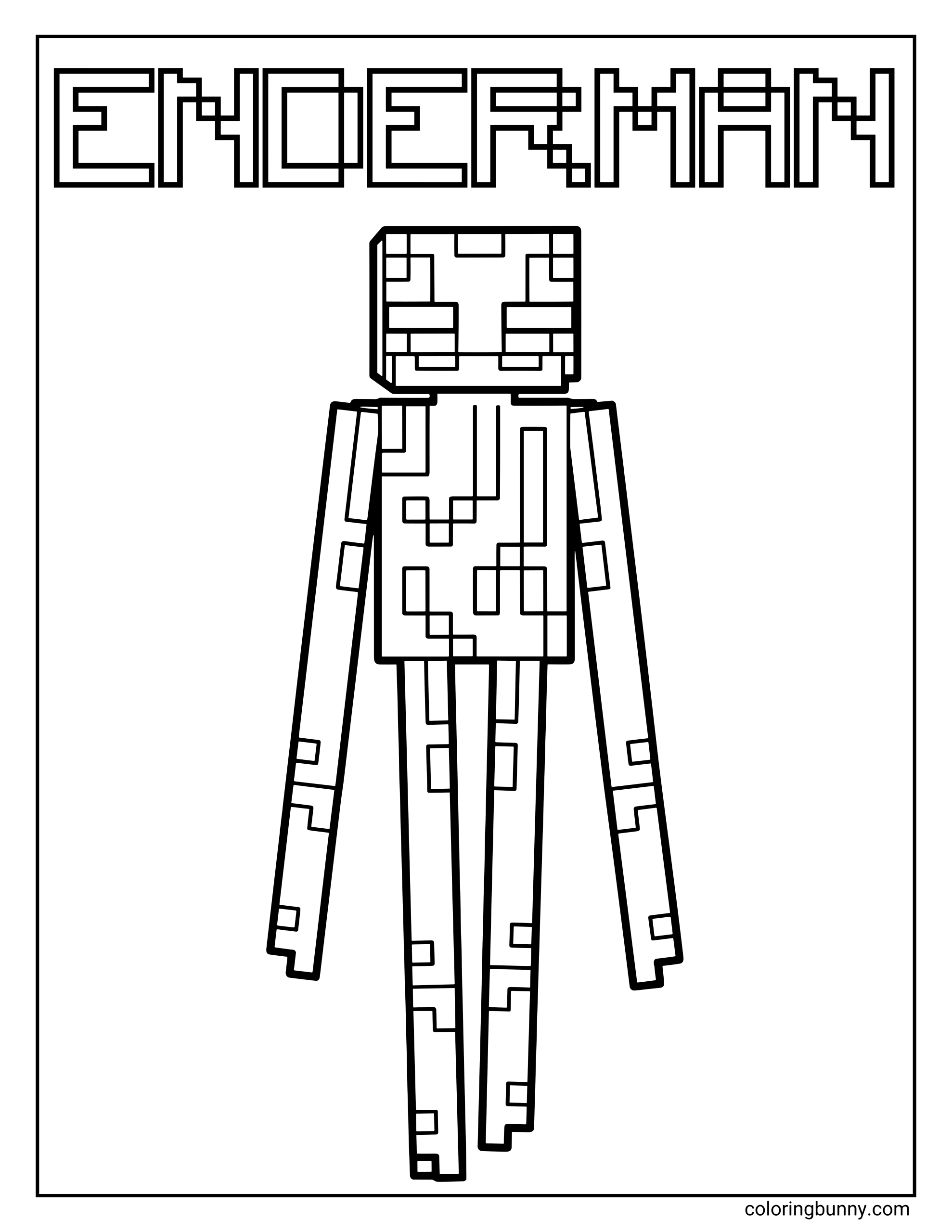 A Minecraft coloring page featuring an Enderman with long arms and legs, blocky pixel patterns, and the word “Enderman” written above in Minecraft-style text.