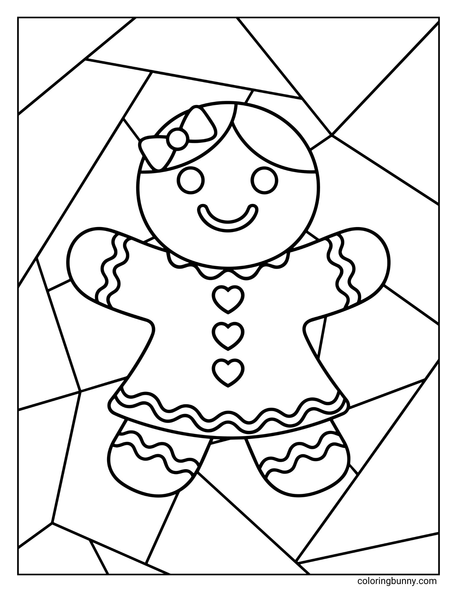 A black and white coloring page featuring a smiling gingerbread girl. She is wearing a dress with three heart-shaped buttons and has a bow in her hair. The background is a geometric pattern of intersecting lines.