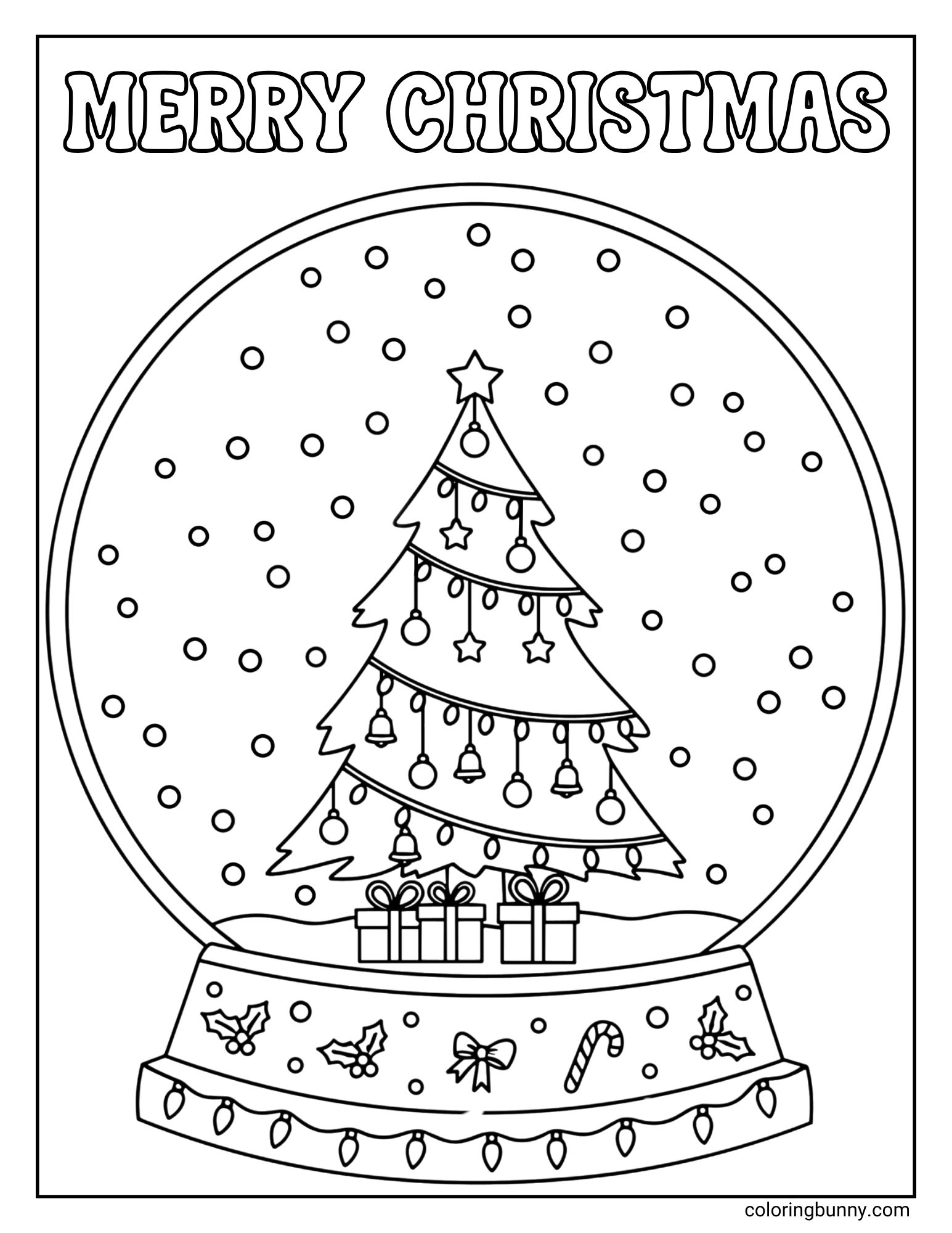 A coloring page featuring the text "MERRY CHRISTMAS" above a snow globe. Inside, a decorated Christmas tree stands over two wrapped presents. The base is patterned with holly, bows, and a candy cane.
