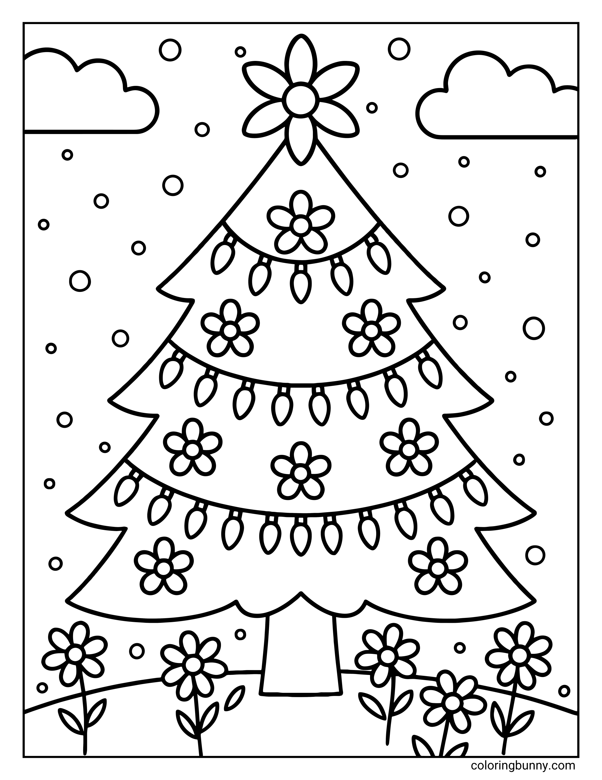 A Christmas tree coloring page featuring a unique Christmas tree topped with a large flower. The branches are draped with lights and floral ornaments, standing in a snowy field filled with more blooms.