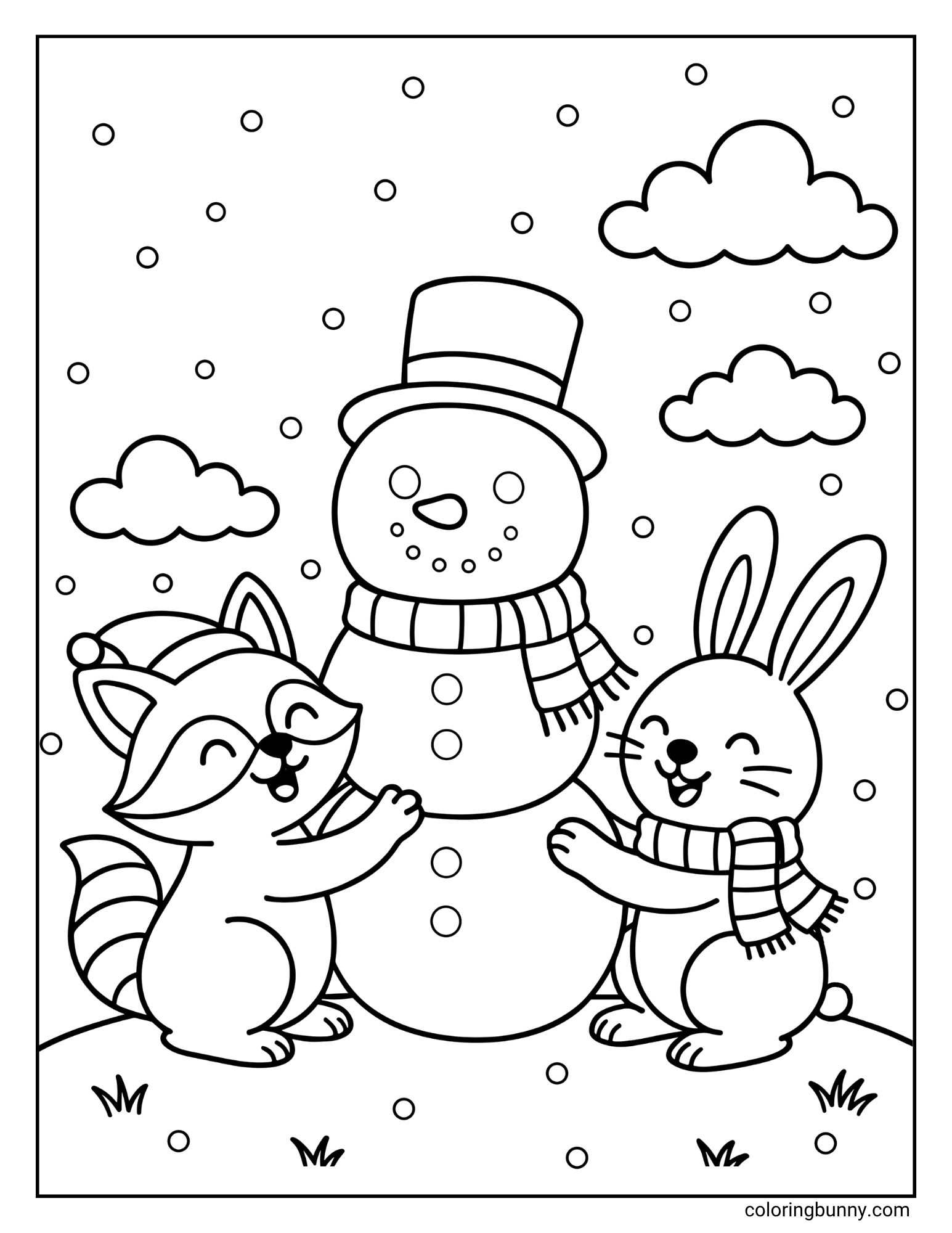 A winter coloring page of a raccoon wearing a Santa hat and a rabbit wearing a scarf are building a snowman. The snowman wears a top hat and scarf, and the background is a snowy sky with clouds.