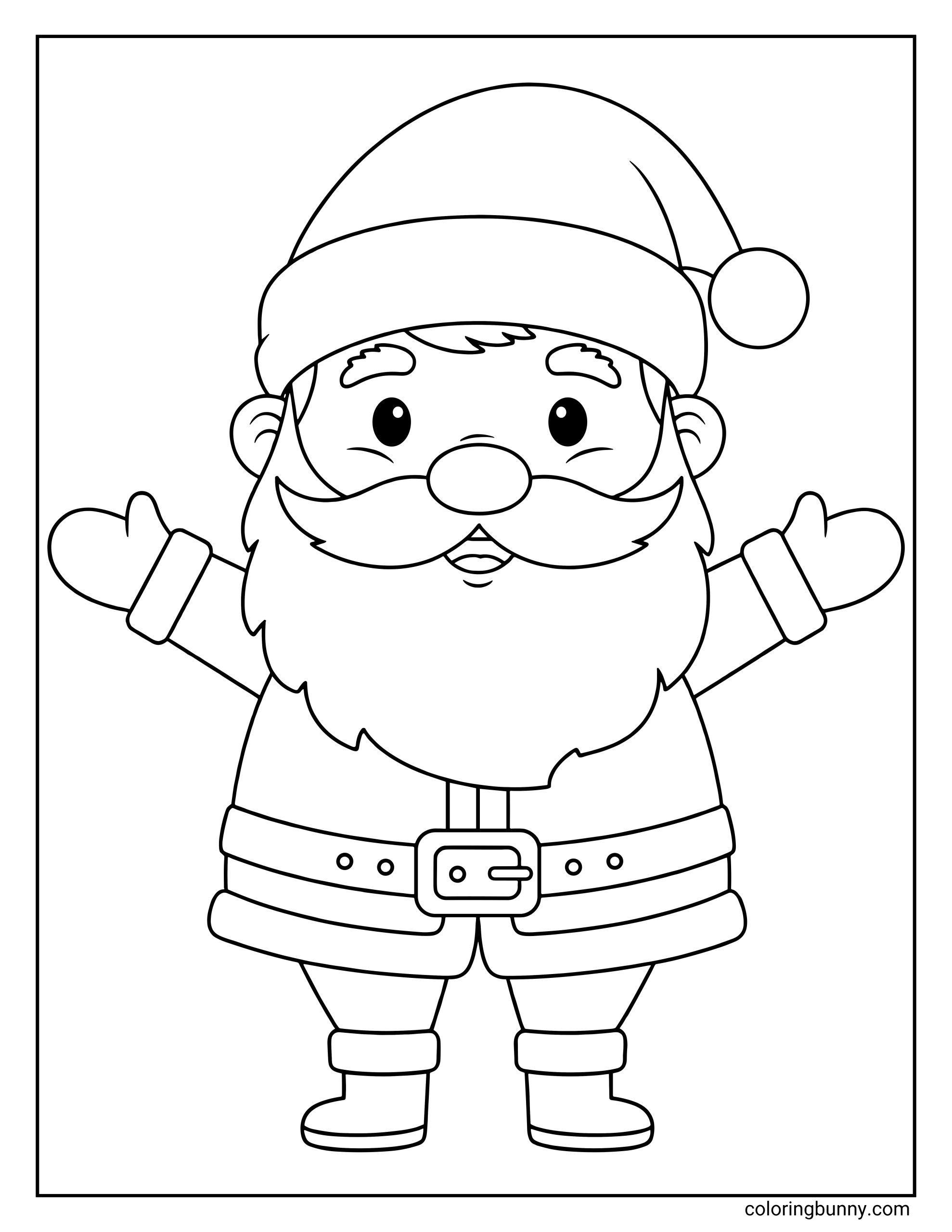 A coloring page featuring a cute, cartoon Santa Claus standing with his arms spread wide in a welcoming gesture. He wears his traditional suit, belt, and hat.