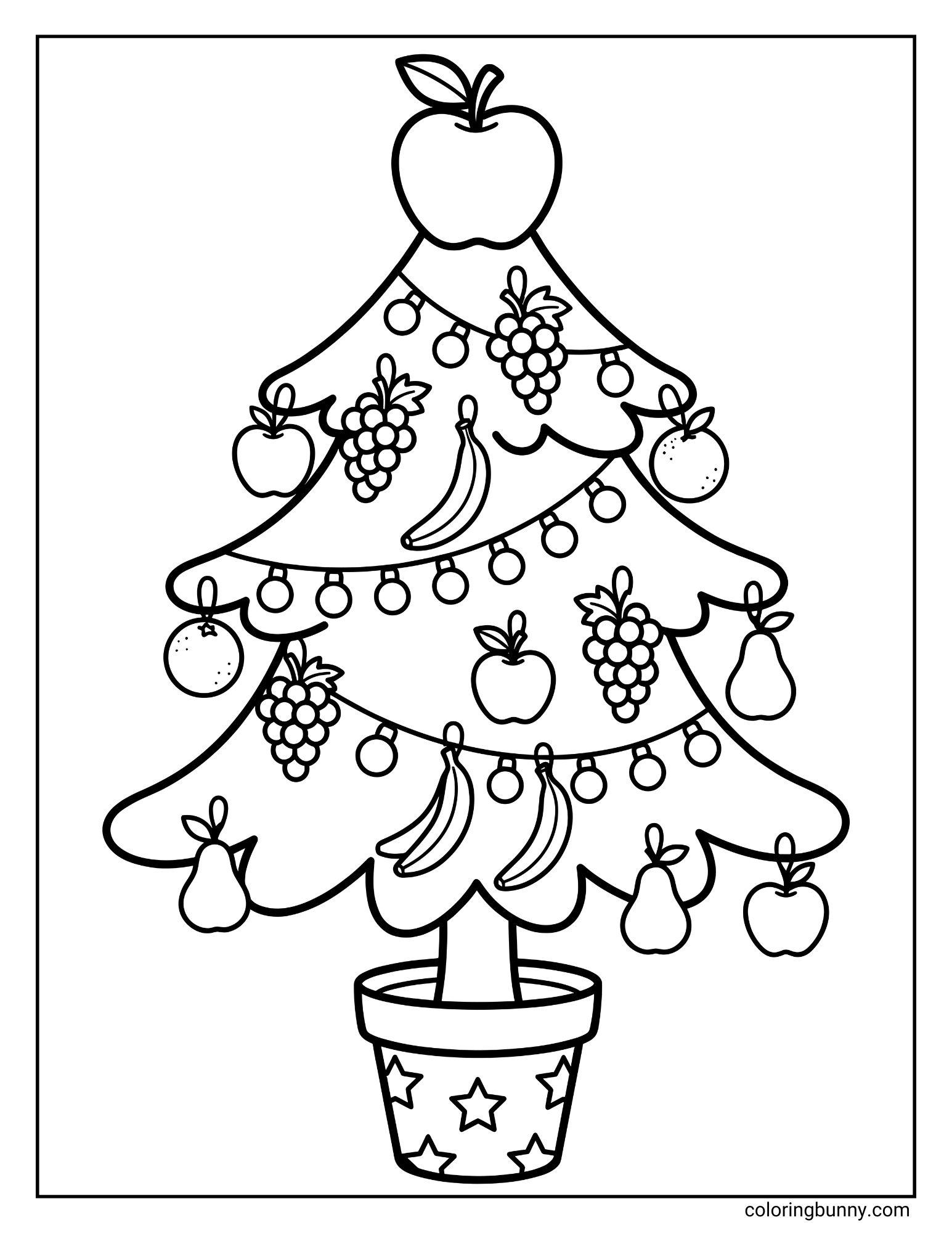 A coloring sheet featuring a unique Christmas tree planted in a star-patterned pot. Instead of traditional ornaments, the branches are hung with fruits like bananas, grapes, pears, and a large apple topper.