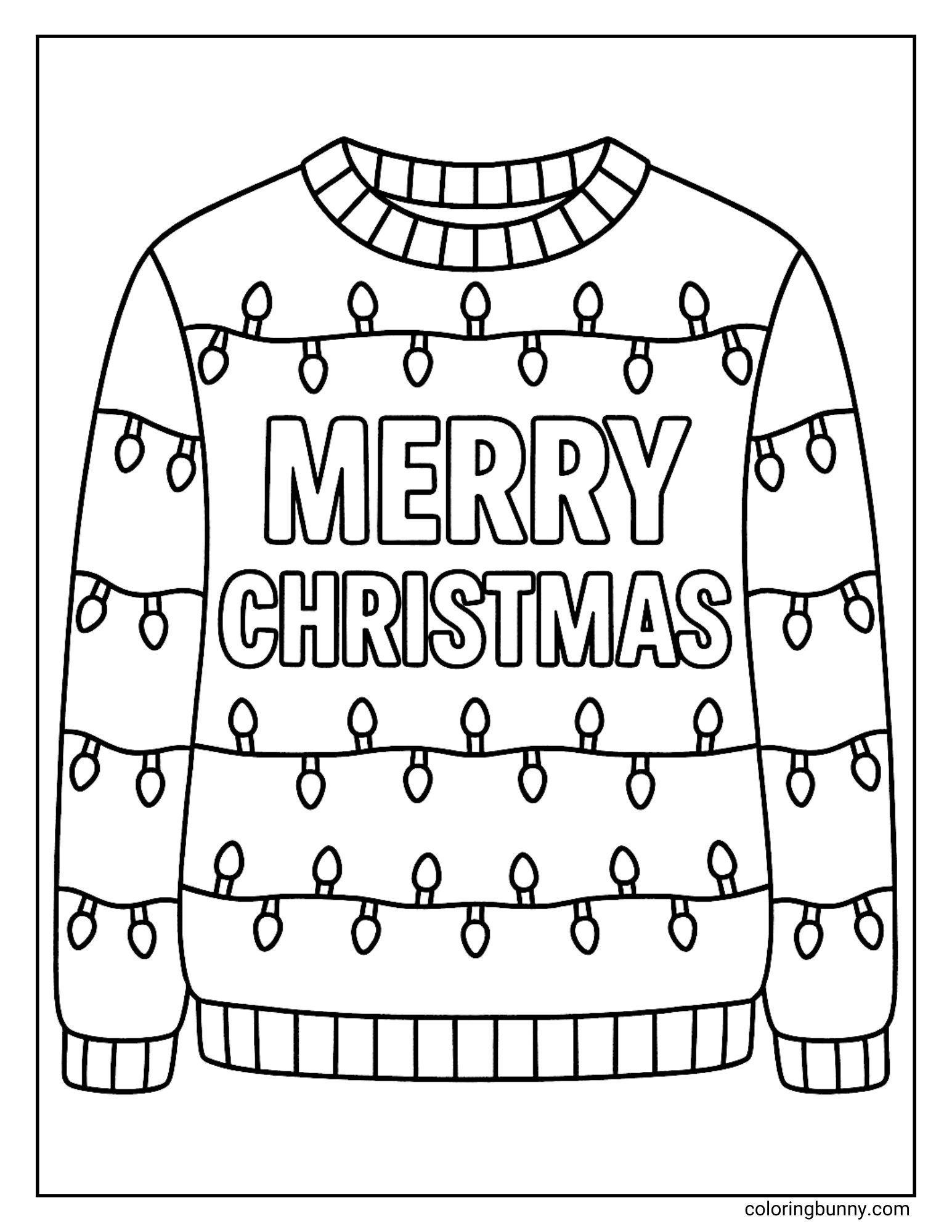 A Christmas coloring sheet featuring a holiday jumper with the words "MERRY CHRISTMAS" written across the chest. The sweater is decorated with draped strings of Christmas light bulbs on the body and sleeves.
