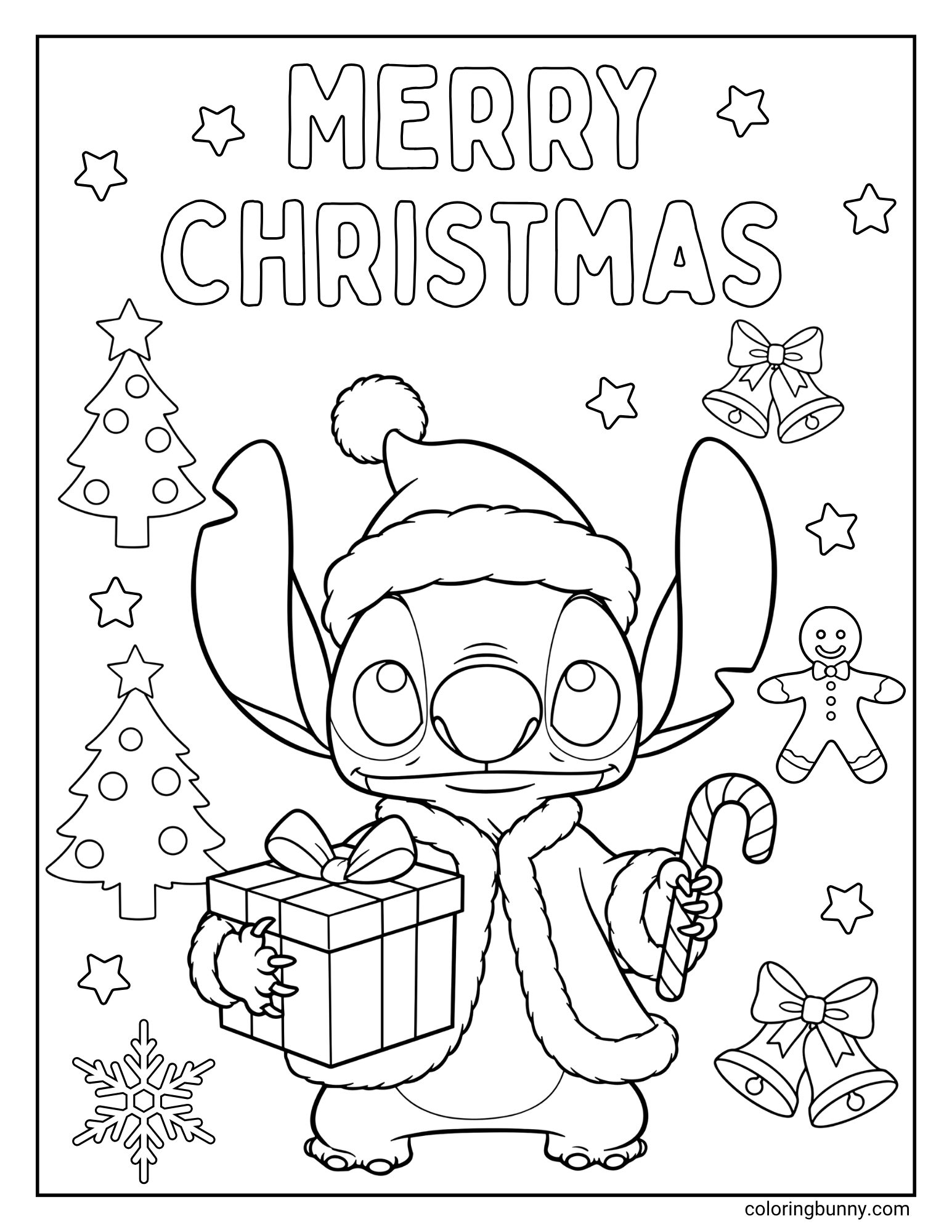 A black and white coloring page featuring the character Stitch in the center, dressed in a Santa coat and hat. He is holding a present and a candy cane. The background is filled with stars, jingle bells, small Christmas trees, and a gingerbread man.