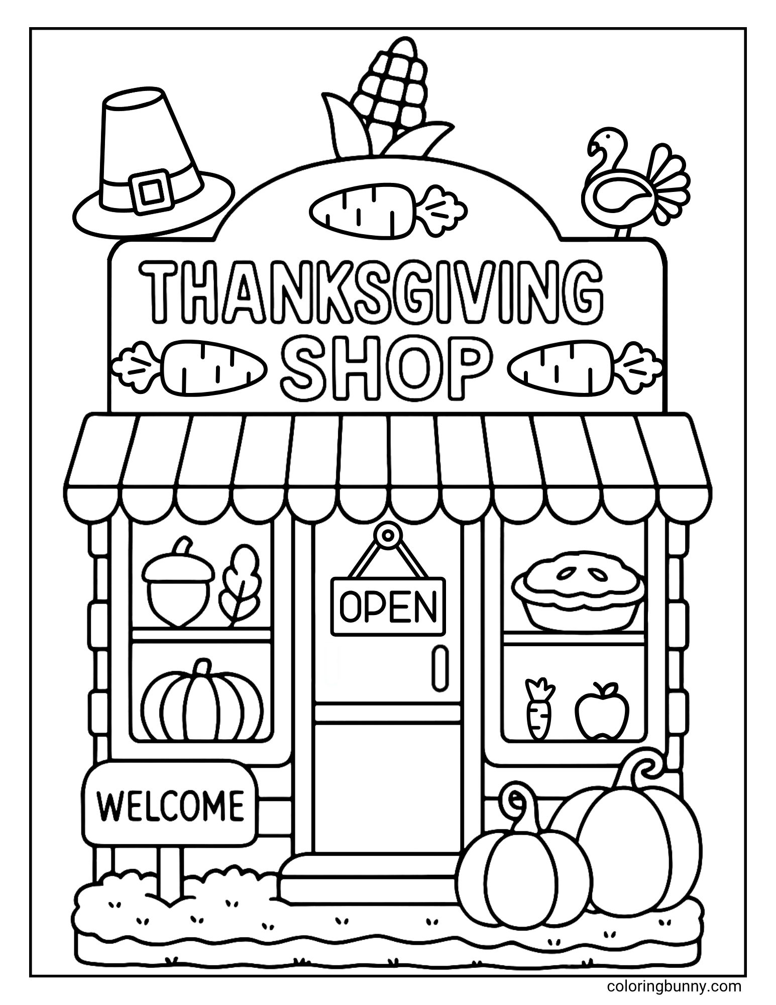 A coloring page of a cartoon building labeled "Thanksgiving Shop". The shop has an awning, an "Open" sign on the door, and windows displaying a pie, pumpkin, and acorn. Pumpkins sit by the "Welcome" sign out front.