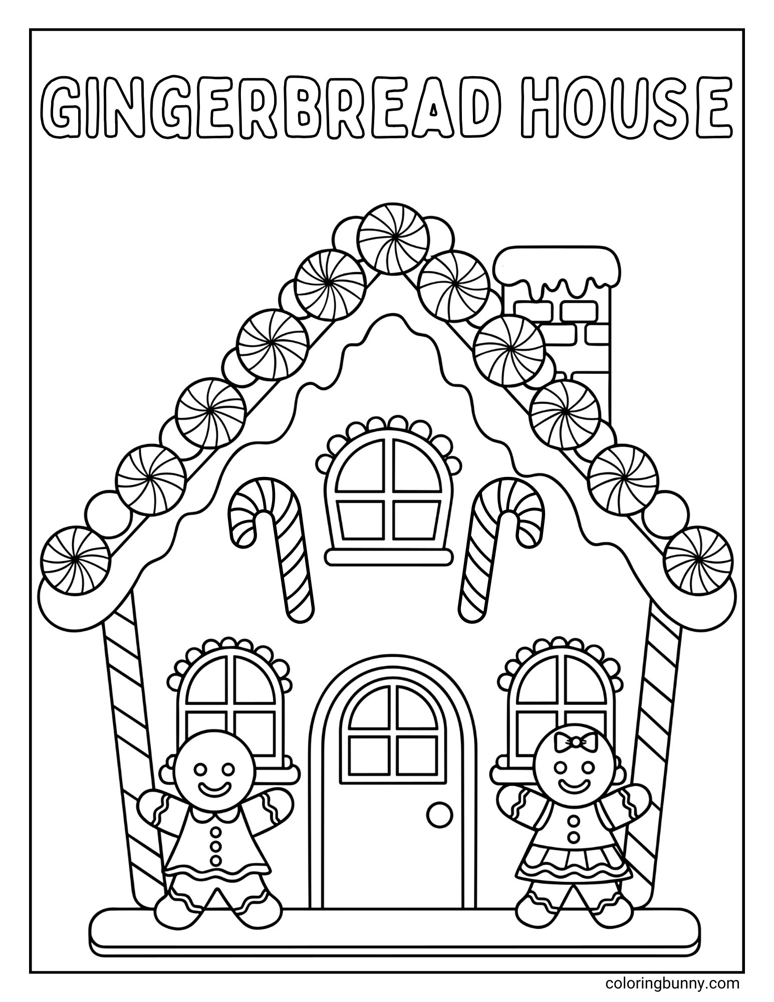 A printable coloring sheet featuring the text "GINGERBREAD HOUSE" above a cottage decorated with round peppermint candies. A gingerbread boy and a gingerbread girl stand on either side of the front door.