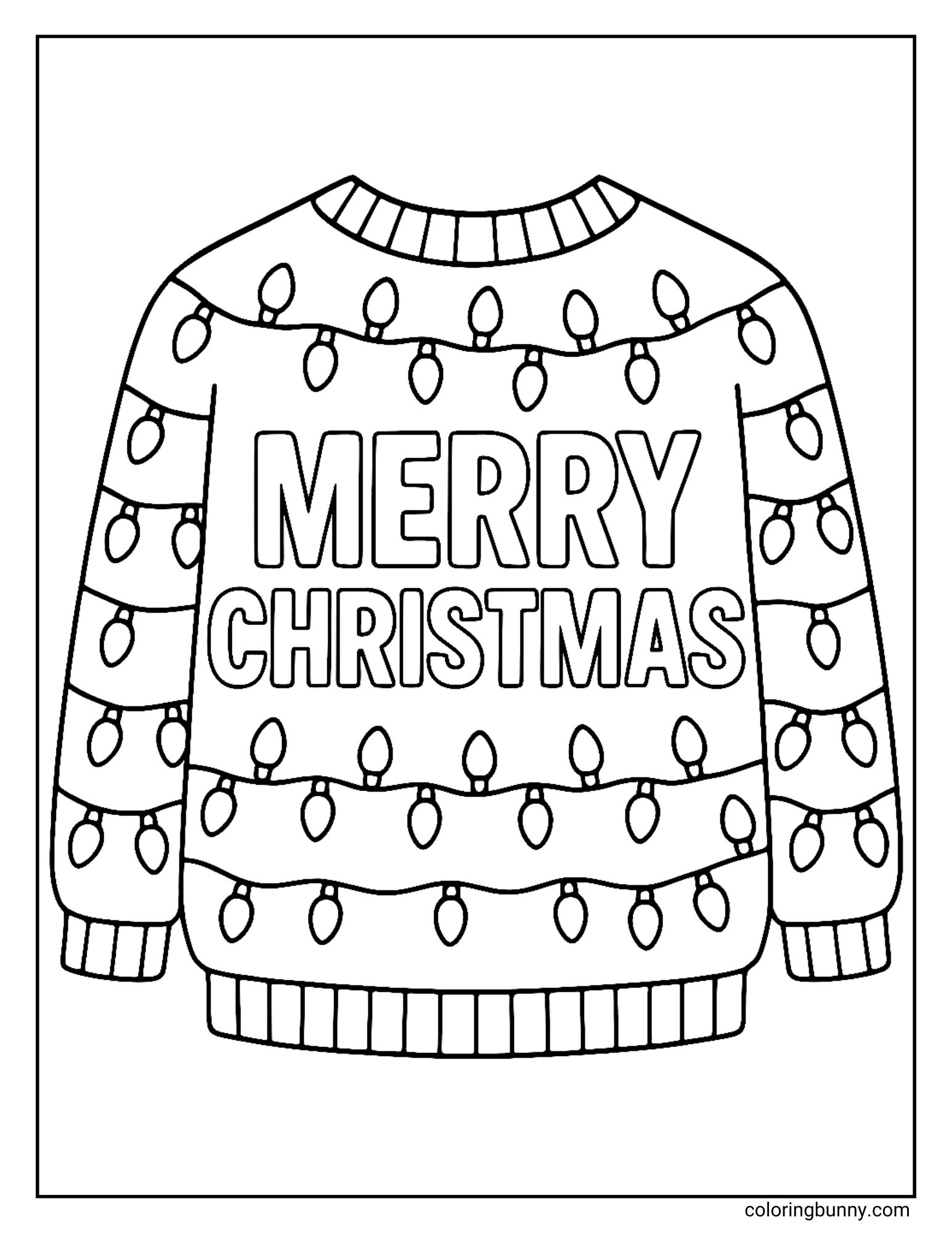 An ugly Christmas jumper coloring page featuring a knitted winter jumper with the text "MERRY CHRISTMAS" in the center. The sweater is decorated with draped strings of light bulbs across the chest, sleeves, and hem.