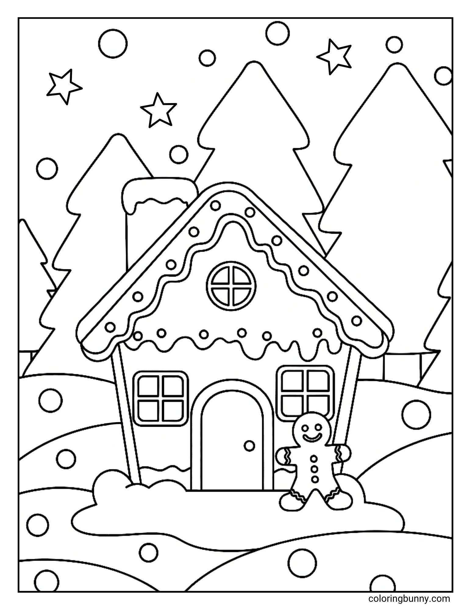 A printable coloring sheet featuring a simple gingerbread house surrounded by pine trees and stars. A smiling gingerbread man stands by the front door on the snowy ground.