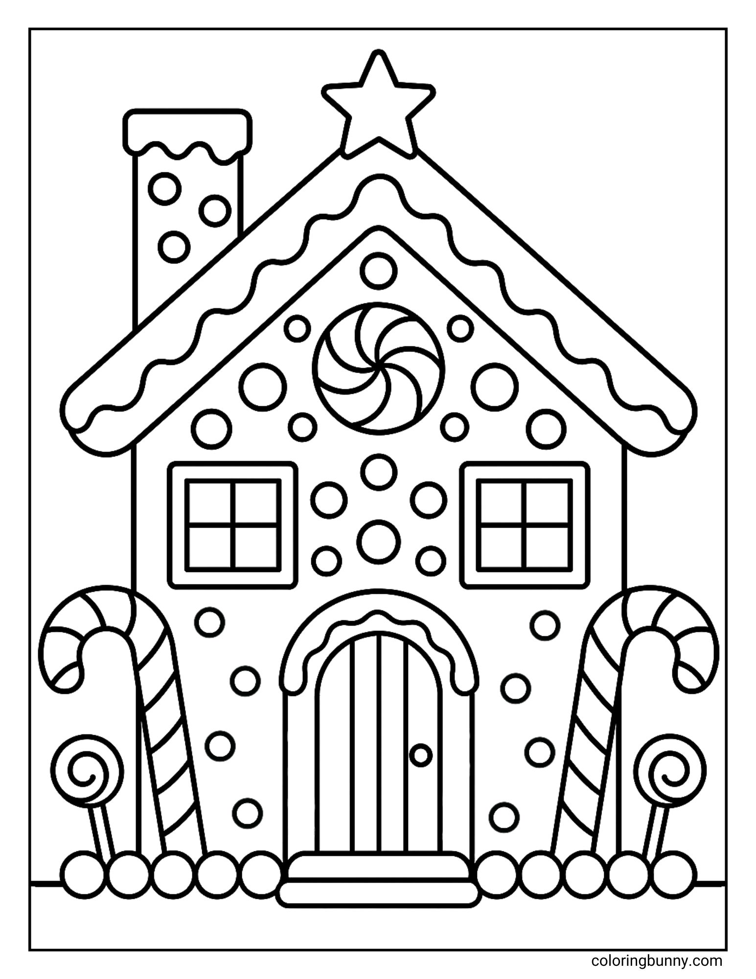 A printable coloring sheet featuring a symmetrical gingerbread house topped with a star. The facade is decorated with polka dots, a central peppermint swirl, and is flanked by two large candy canes.