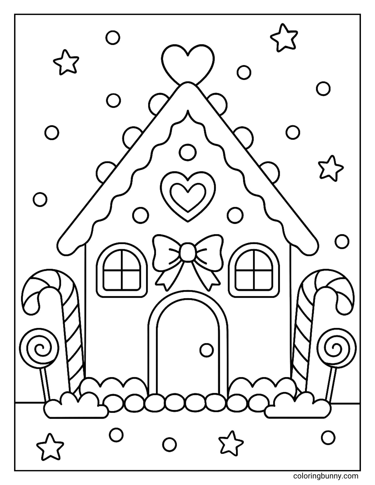 A coloring page featuring a gingerbread house decorated with a large bow above the door. The cottage has hearts on the roof, candy canes on the sides, and stars falling in the background.