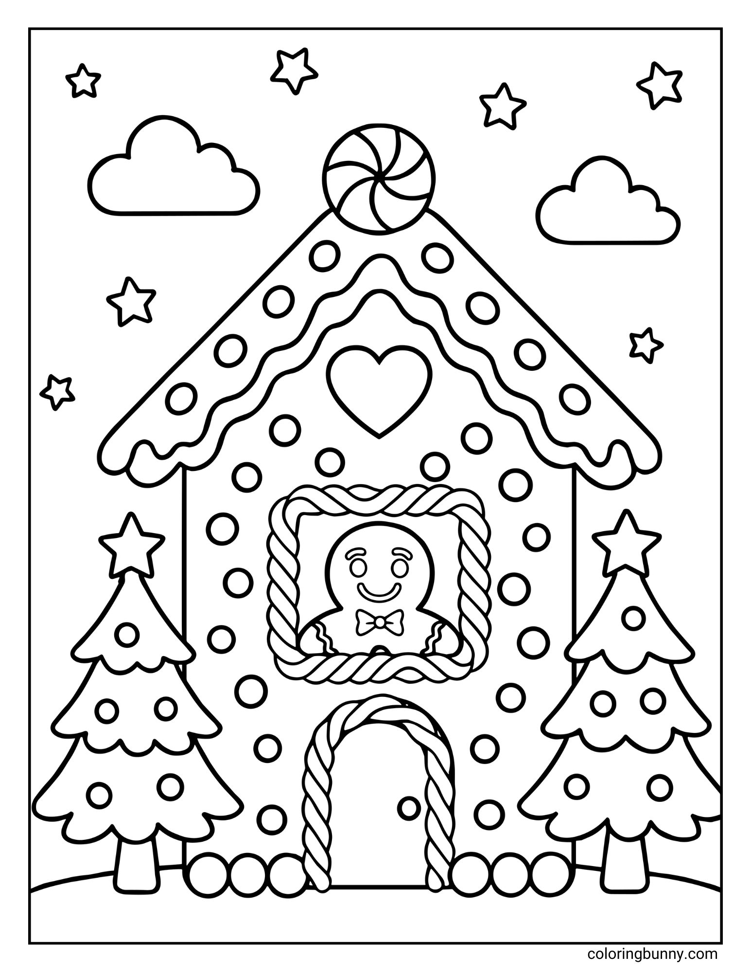 A coloring page showing a gingerbread house decorated with polka dots and a peppermint swirl on the roof. A gingerbread man looks out the square window, flanked by two Christmas trees under a starry sky.