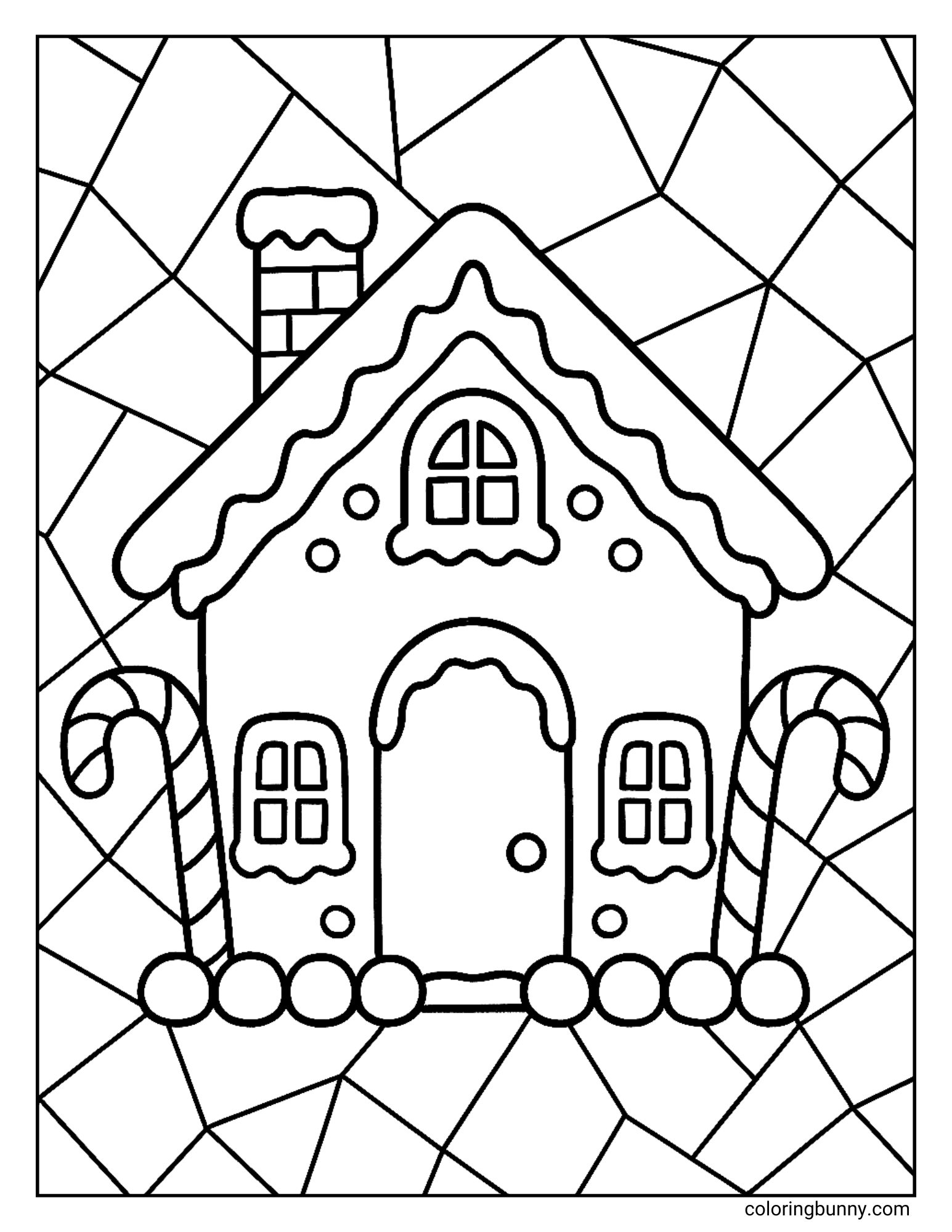 A coloring sheet featuring a simple gingerbread house with large candy canes on either side. The house has a chimney and icing details, set against a background of irregular geometric shapes.