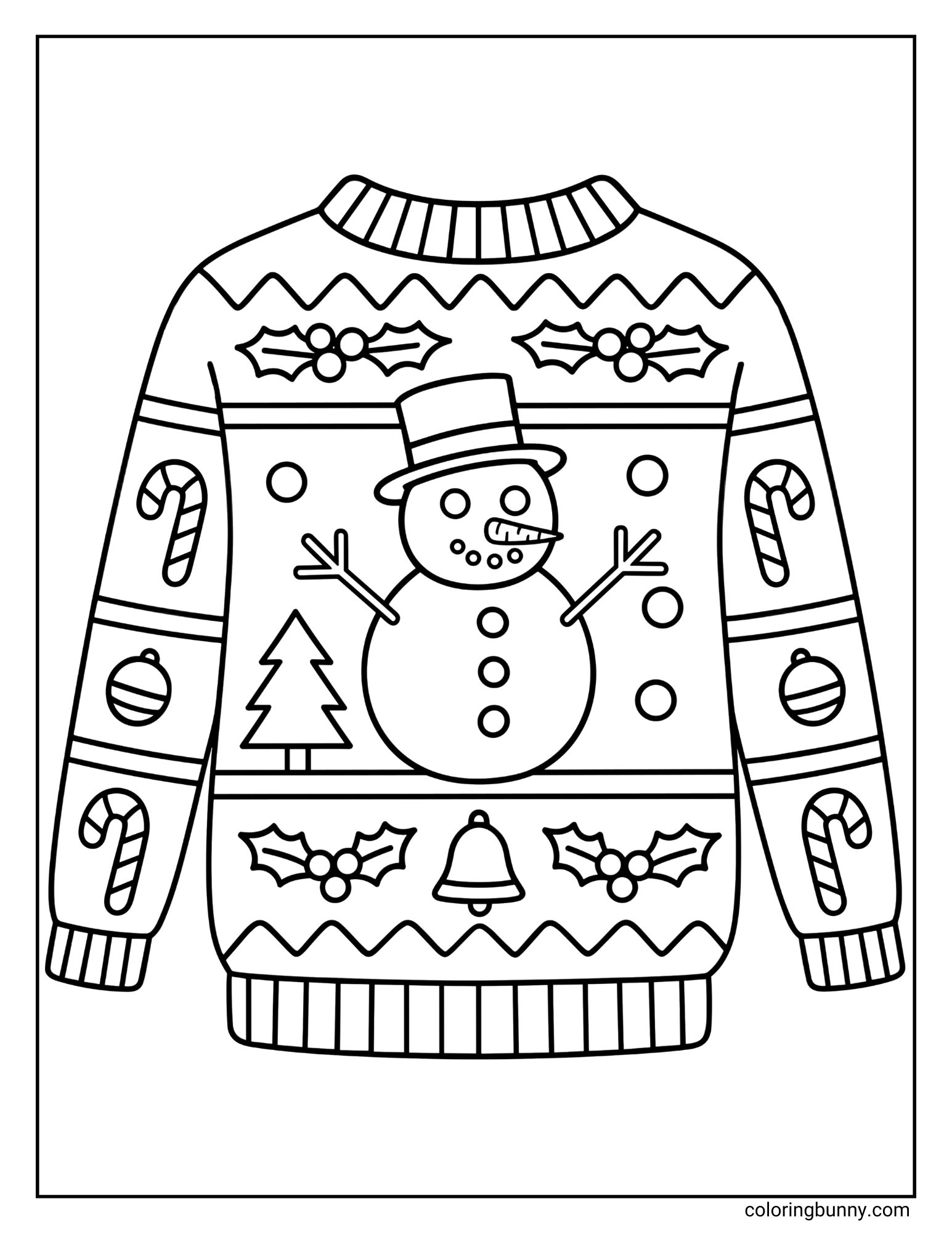 A snowman coloring sheet featuring a patterned Christmas jumper. The design highlights a central snowman wearing a top hat, surrounded by holly leaves, bells, a pine tree, and candy canes on the sleeves.