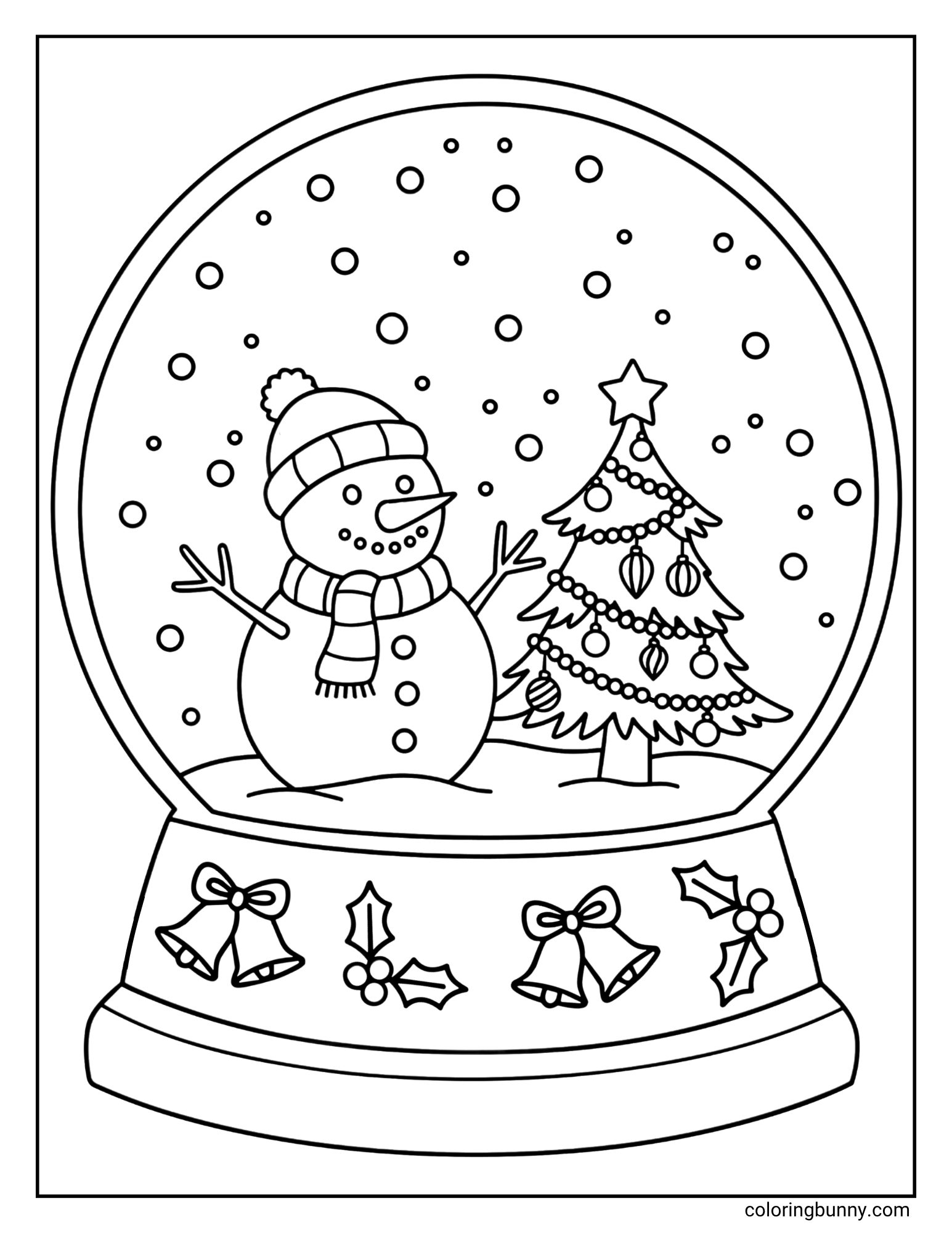 A snowman coloring sheet featuring a large snow globe. Inside, a snowman in a hat and scarf stands next to a decorated Christmas tree. The base is patterned with bells and holly.