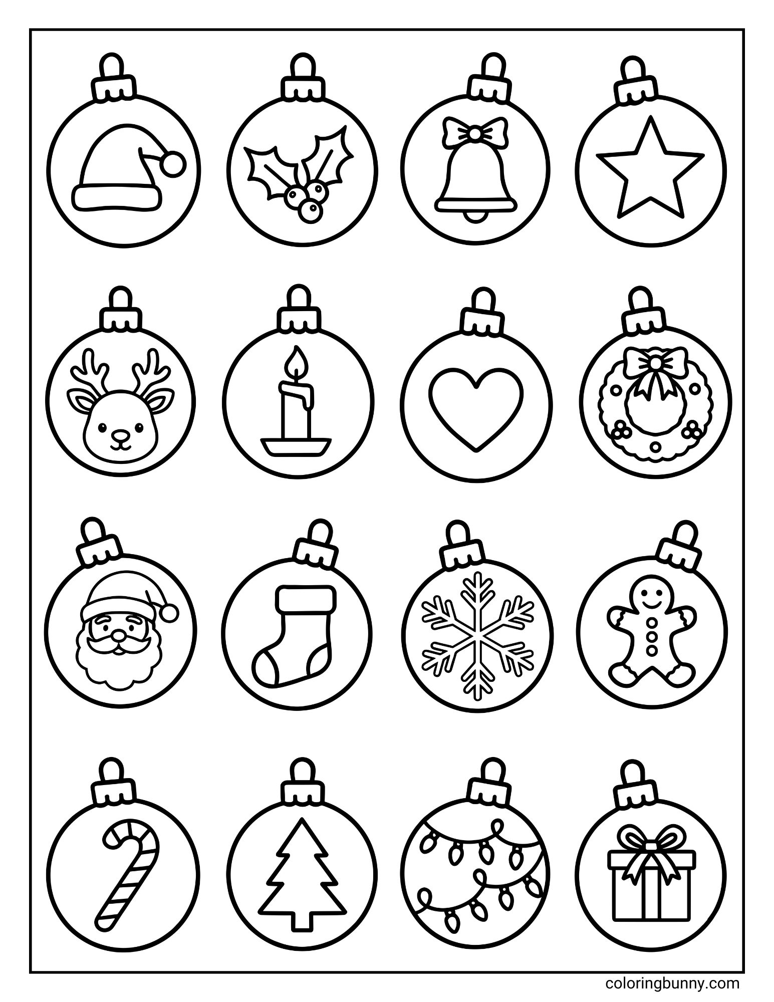 A Christmas coloring page featuring a grid of sixteen round Christmas ornaments. Each bauble contains a unique holiday symbol, such as a Santa hat, a reindeer face, a candle, a stocking, and a snowflake.