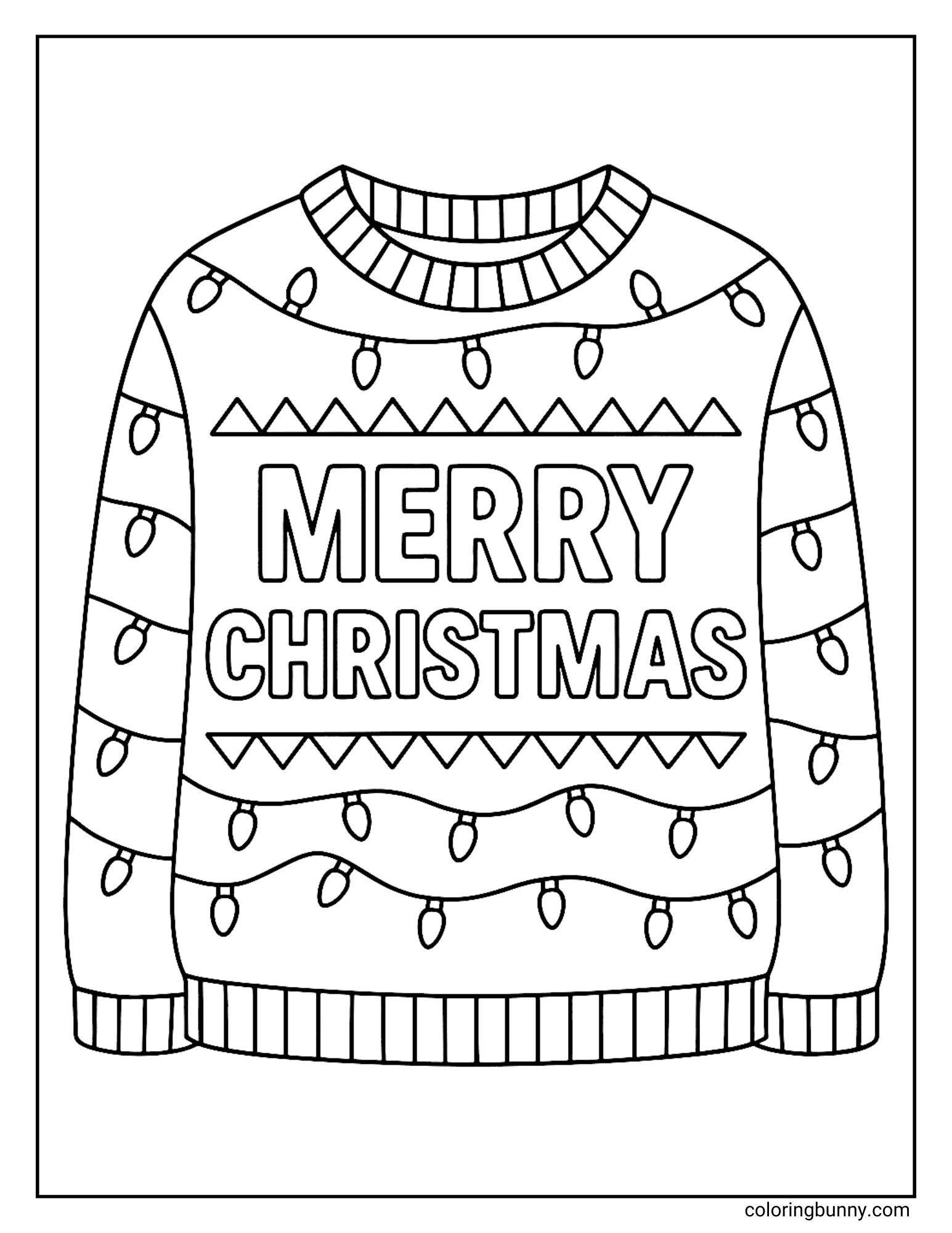 A winter coloring sheet featuring a knitted sweater design. The text "MERRY CHRISTMAS" sits in the center, bordered by zig-zag lines and draped strings of light bulbs on the torso and sleeves.