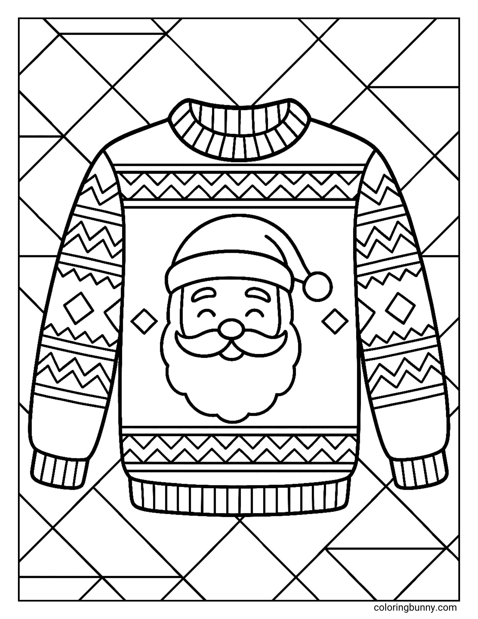 A coloring page featuring a Christmas jumper with a large Santa Claus face in the center. The sweater has zig-zag and diamond patterns on the sleeves, set against a geometric background.