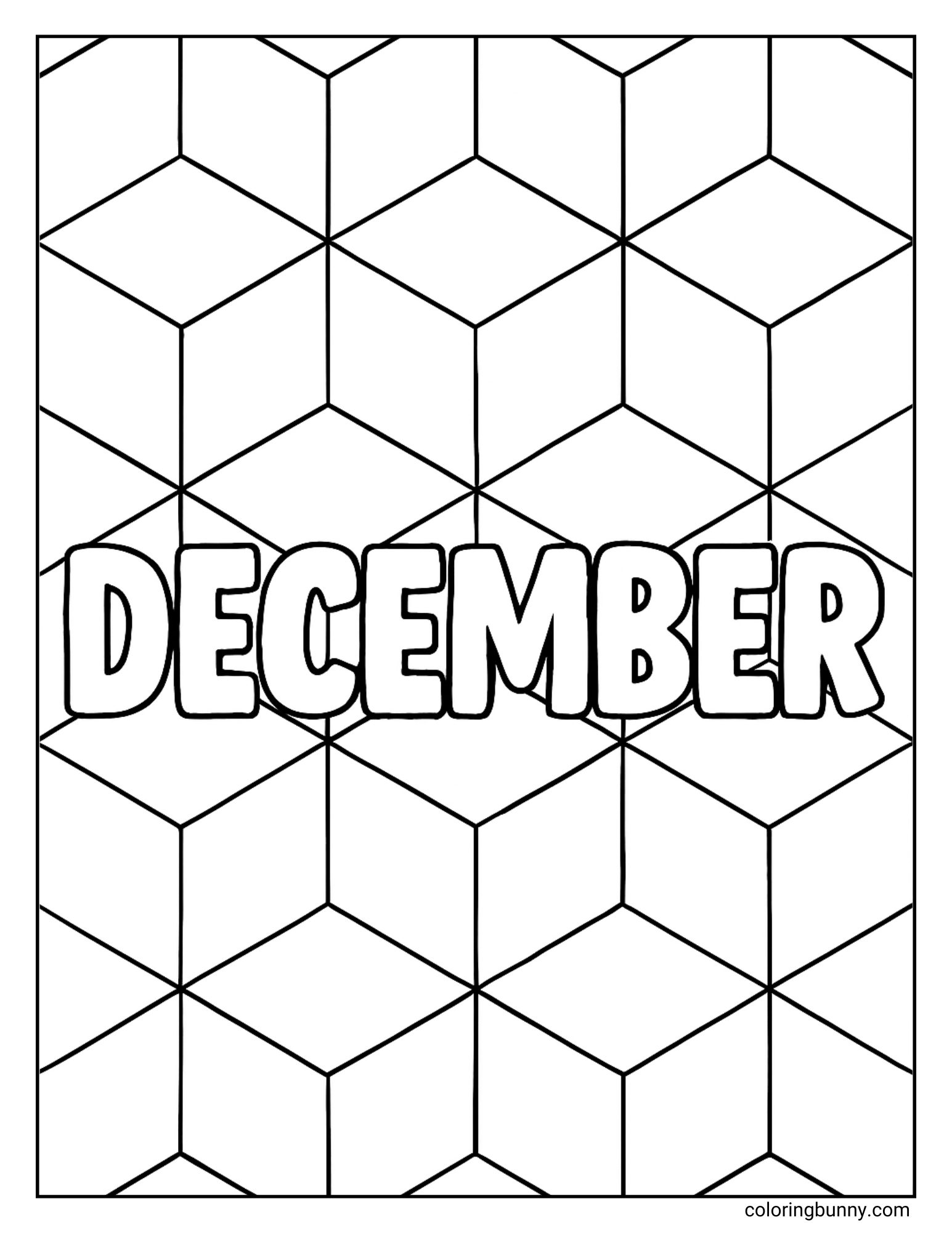 A black and white coloring page. The word "DECEMBER" is written in large, bold letters over a repeating geometric pattern of 3D cubes.