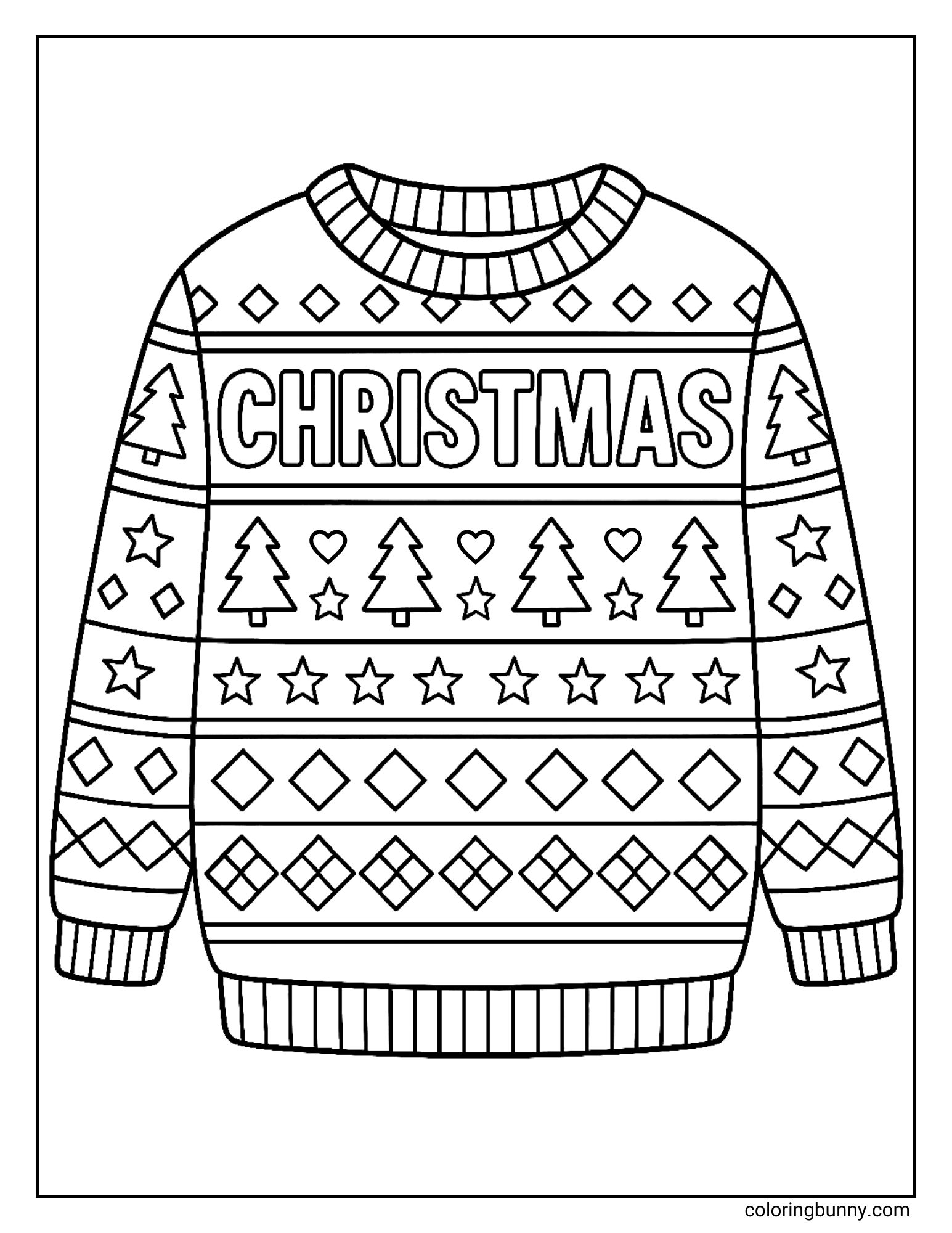 A black and white Christmas sweater coloring page showing a patterned holiday sweater. The word "CHRISTMAS" appears across the chest, above rows of pine trees, stars, hearts, and geometric diamond shapes decorating the sleeves and body.