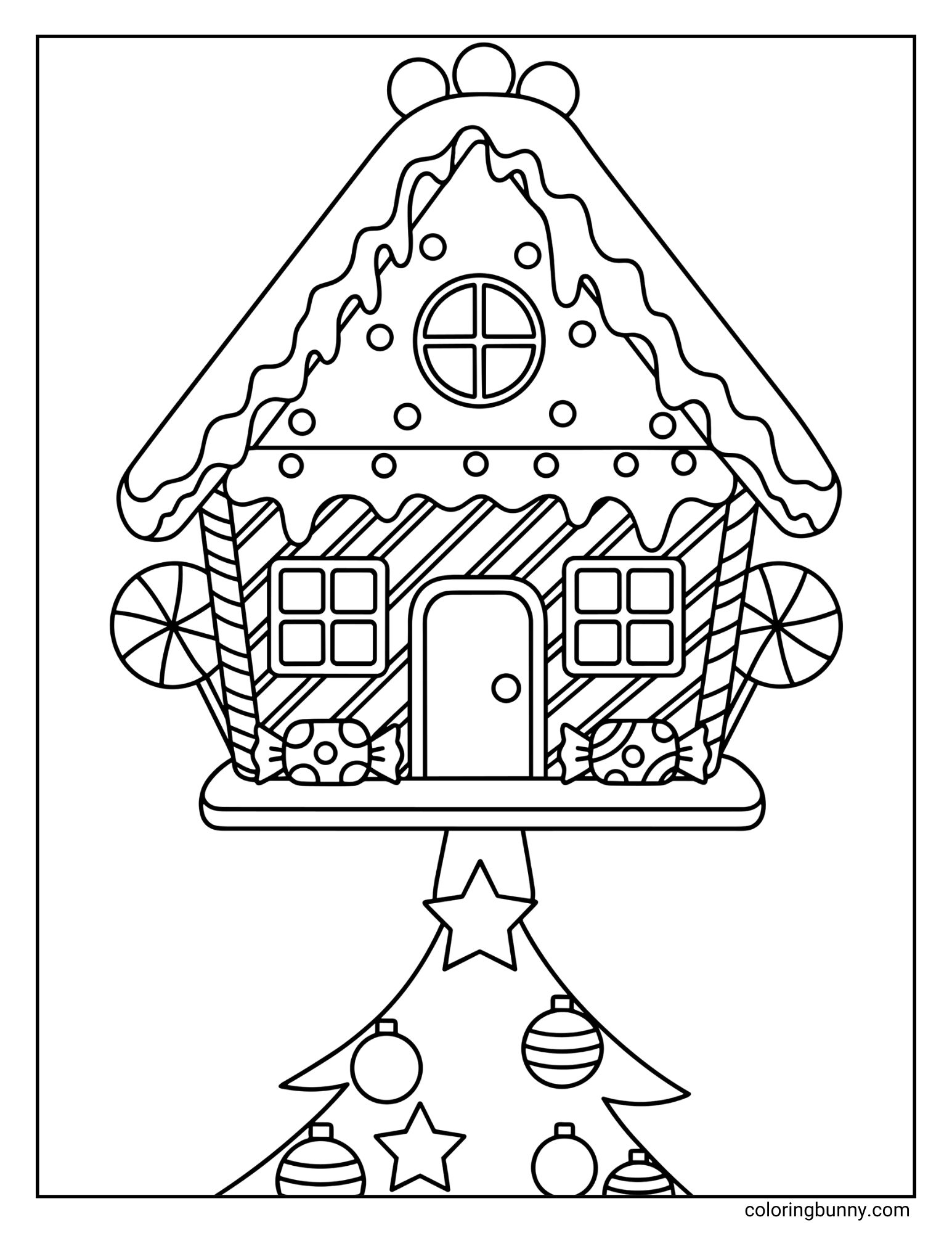 A coloring page showing a decorated gingerbread house floating above the tip of a Christmas tree. The house features candy details, while the tree below is decorated with hanging baubles and stars.