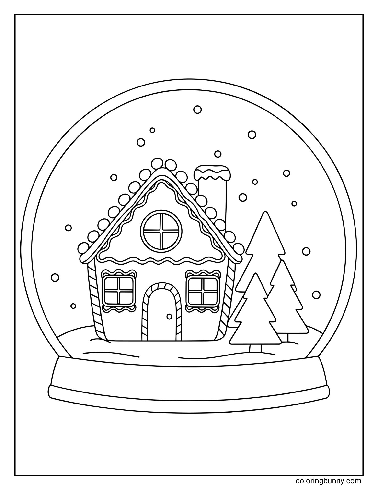 A printable coloring sheet depicting a round snow globe. Inside the glass sphere sits a decorated gingerbread house and two pine trees surrounded by falling snow.