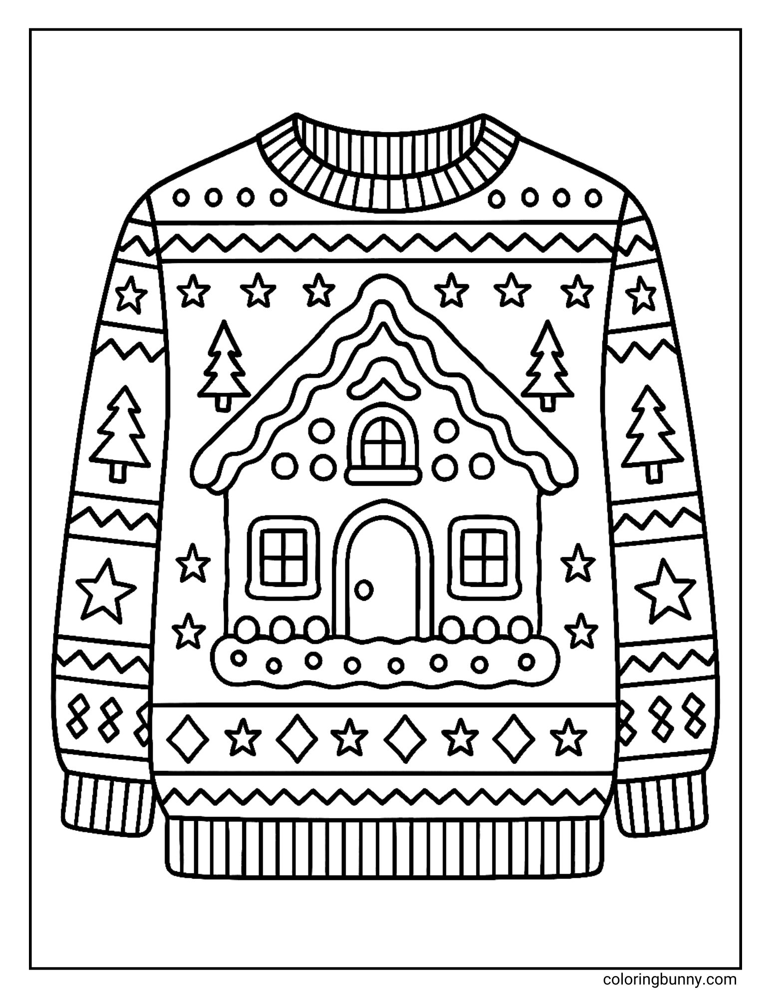 A coloring sheet featuring a knitted jumper designed with a central gingerbread house. The background includes stars and pine trees, while the sleeves and hems are decorated with diamond and zigzag patterns.