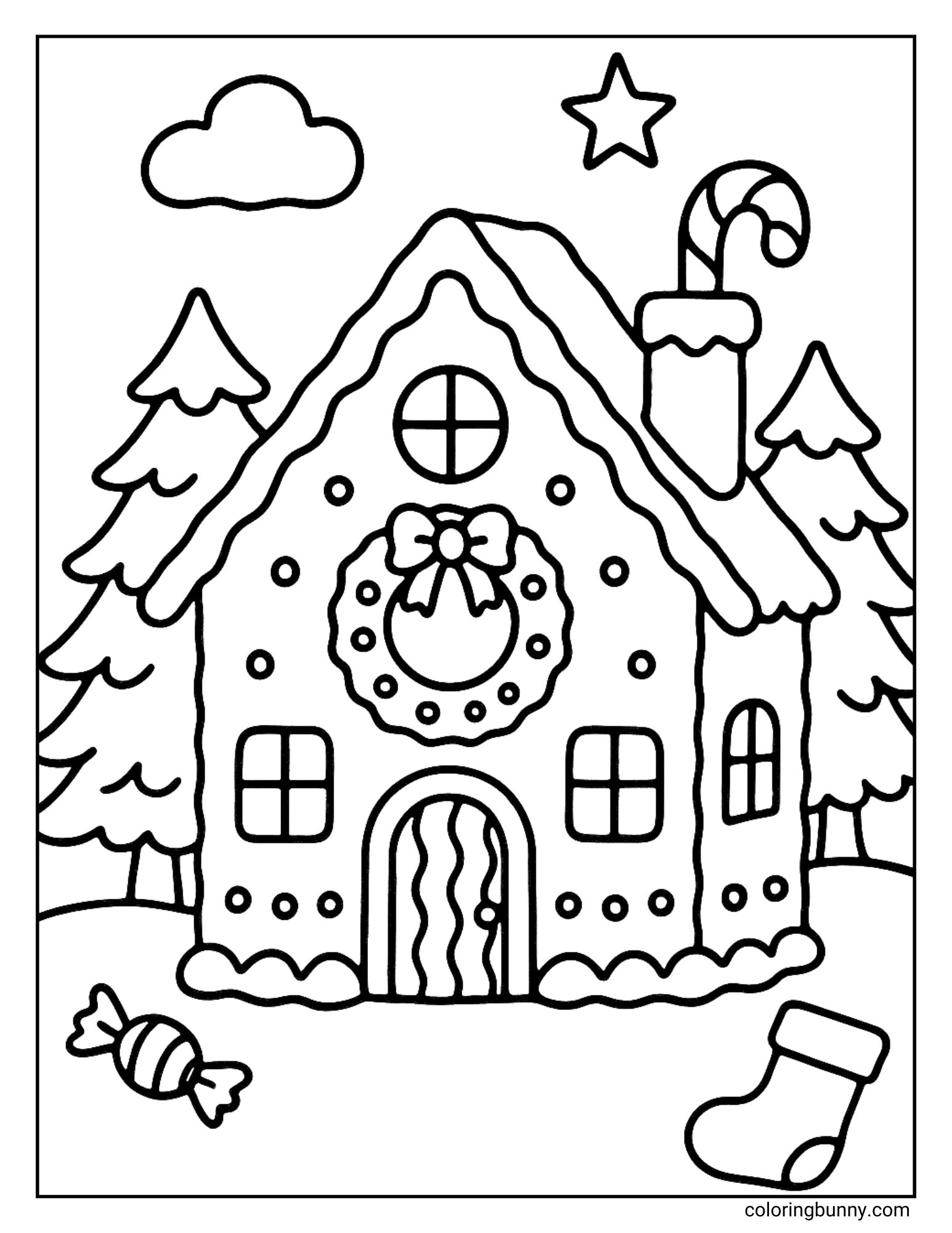 A Christmas coloring page featuring a gingerbread house adorned with a wreath and polka dots. A candy cane sticks out of the chimney, and a stocking lies on the snow near a wrapped candy.