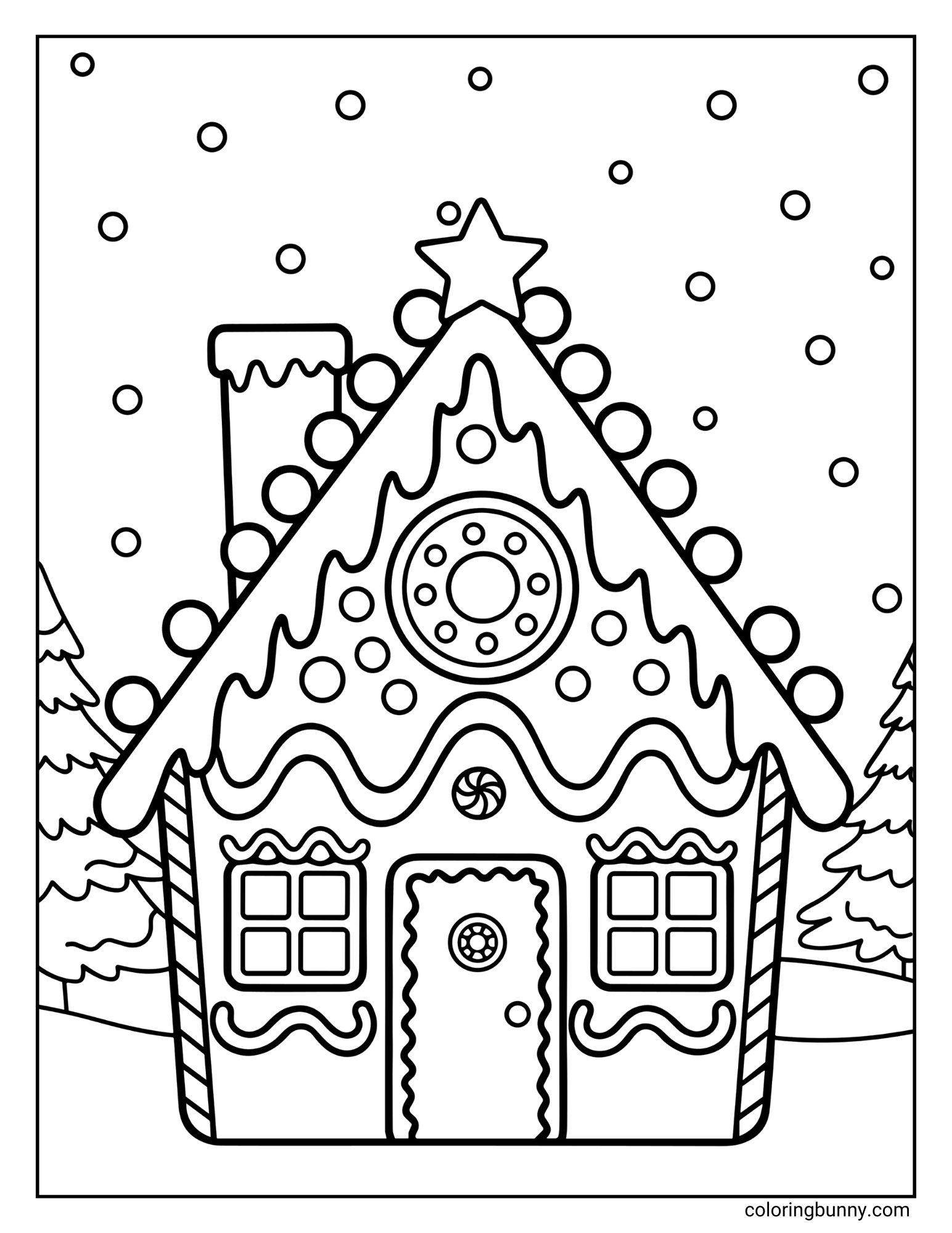 A gingerbread house coloring sheet featuring a gingerbread house with a large star on the roof and dripping icing. The house sits between two pine trees while snow falls in the background.