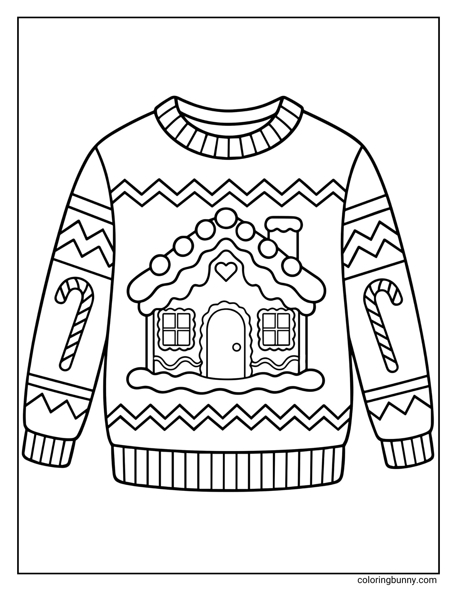 A coloring sheet featuring an ugly knitted Christmas jumper. The chest displays a gingerbread house with a gumdrop roof, while large candy canes decorate the sleeves between zigzag patterns.