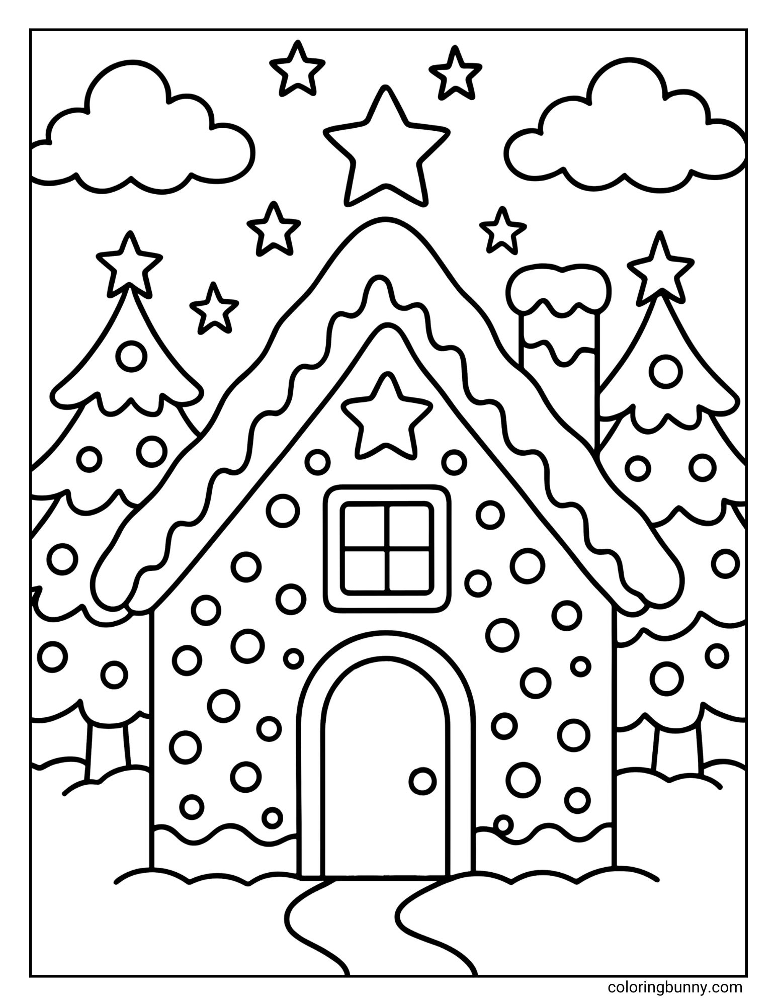 A printable coloring sheet featuring a polka-dotted gingerbread house topped with a large star. The cottage sits between two decorated Christmas trees, with a path leading to the door under a sky full of stars.