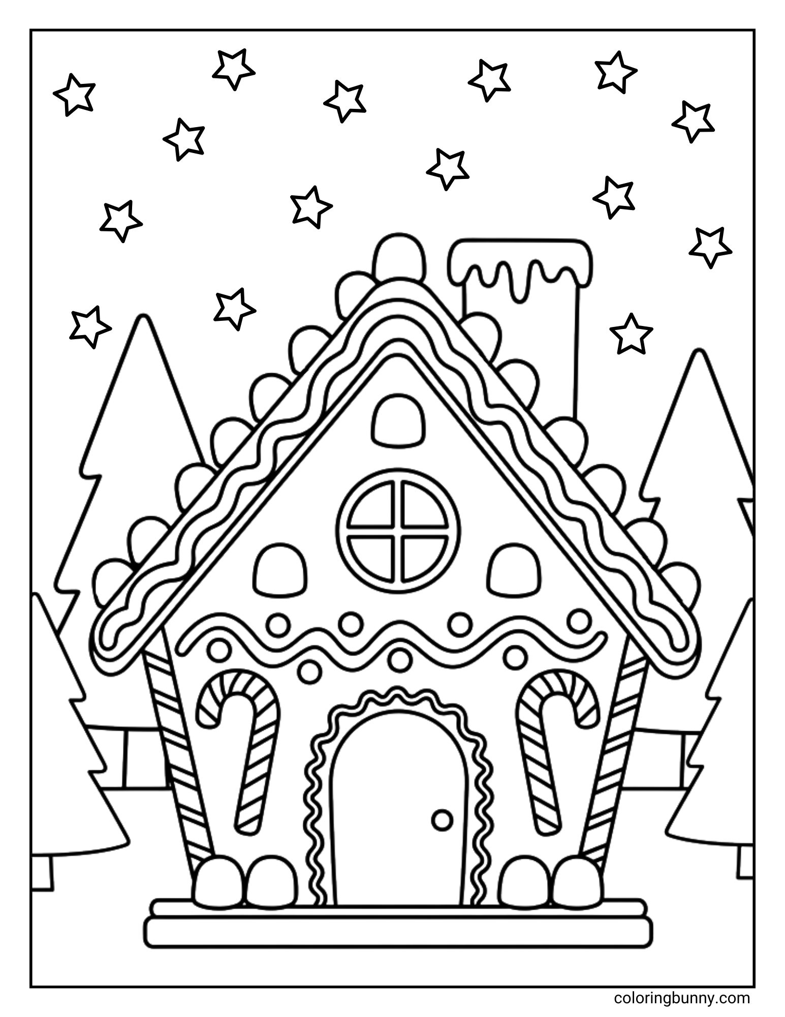 A gingerbread house coloring sheet featuring a candy-decorated cottage situated in a pine forest. The house has candy canes by the door, gumdrops on the roof, and is under a night sky filled with stars.