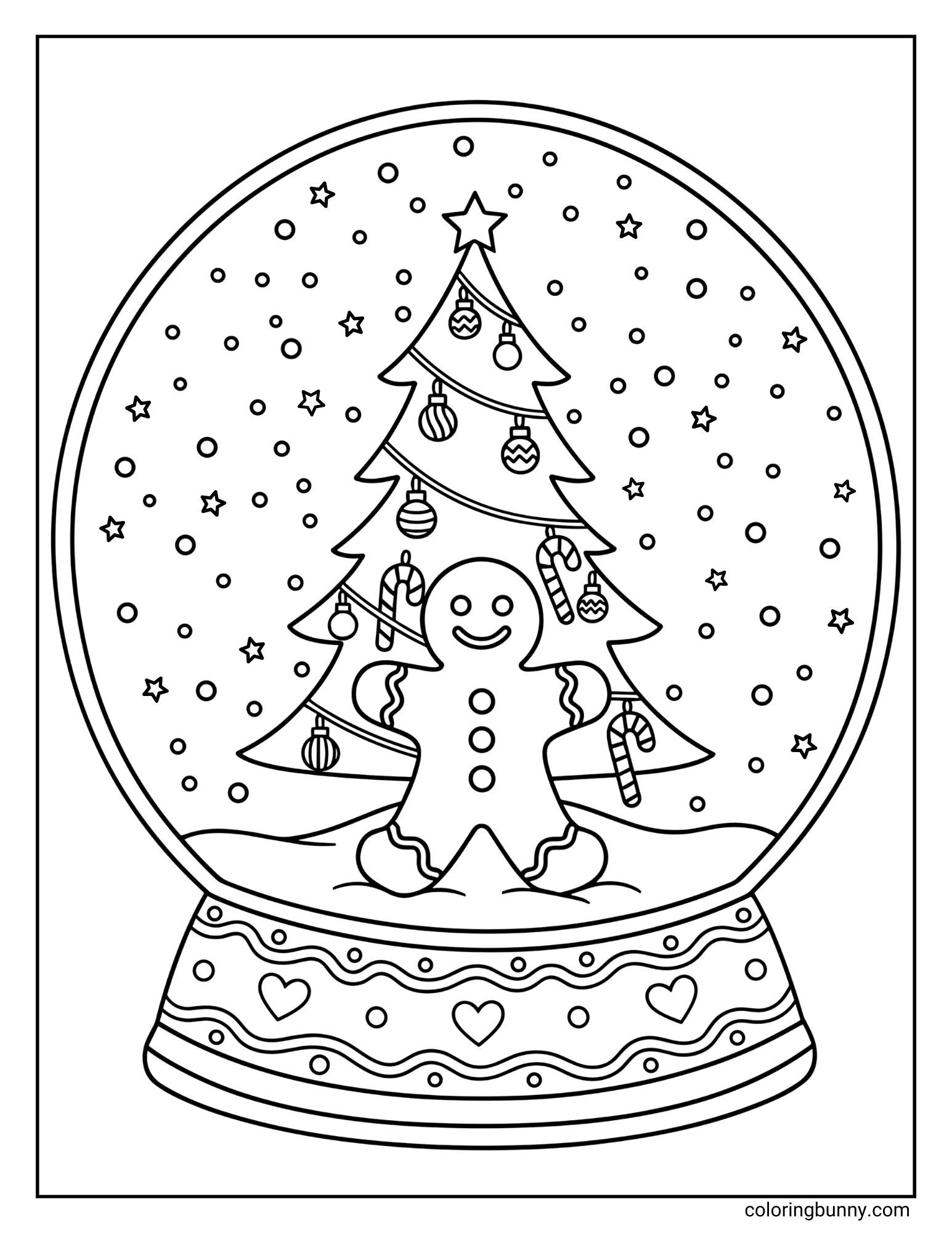 A detailed christmas snow globe coloring page featuring a large snow globe containing a decorated Christmas tree and a smiling gingerbread man. The globe's base is patterned with hearts and wavy lines, while snow falls inside the glass.