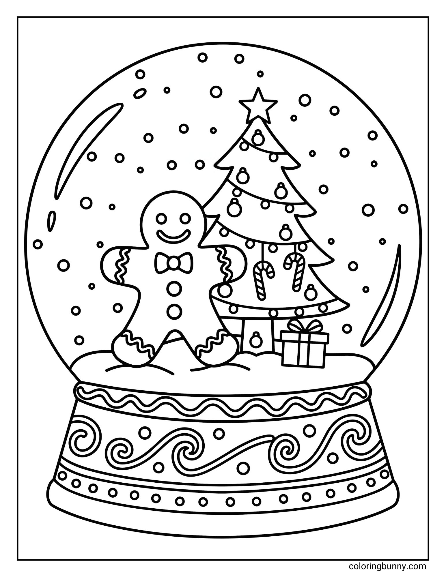 A printable coloring sheet featuring a snow globe containing a gingerbread man wearing a bow tie. He stands next to a decorated Christmas tree and a wrapped present, set on a base with swirl patterns.