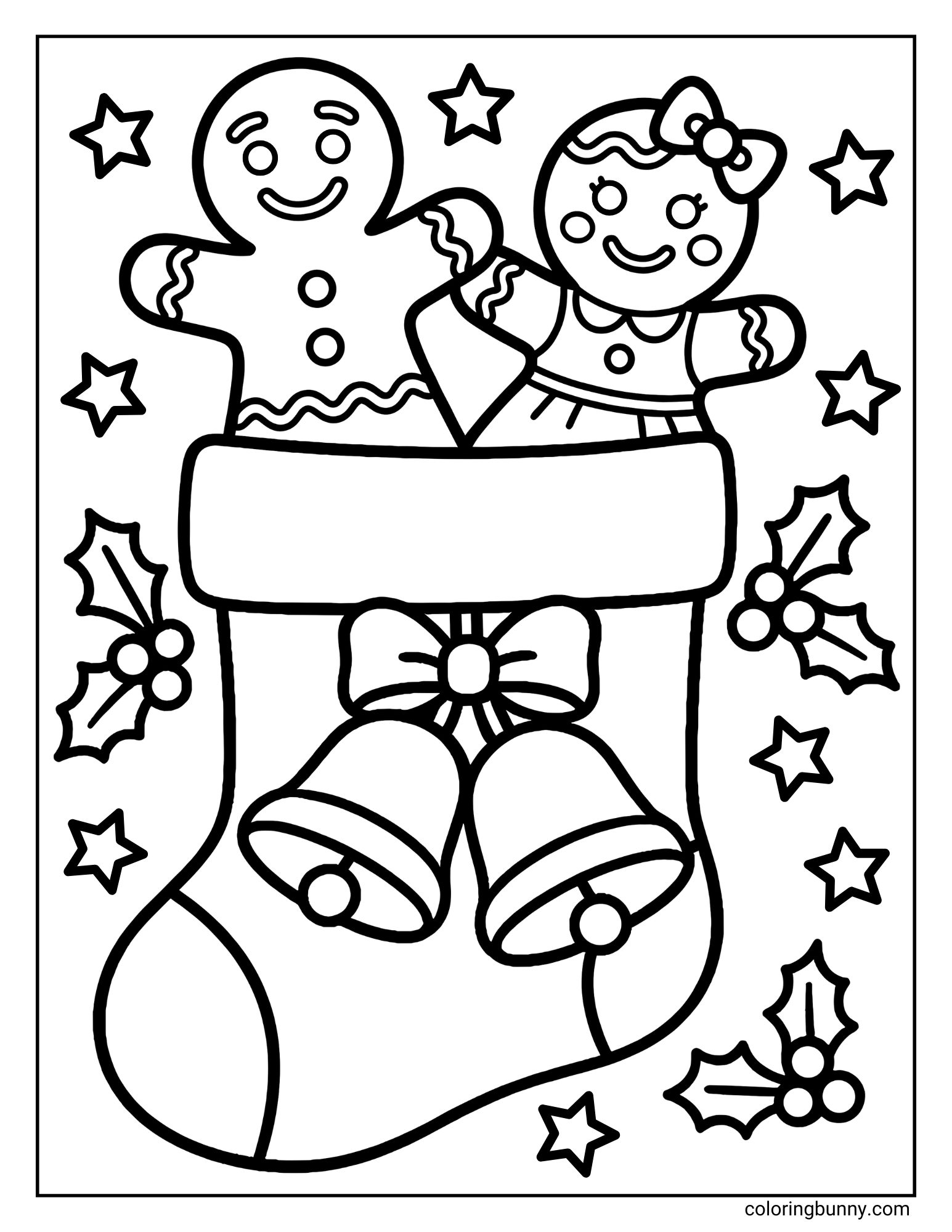A festive coloring page depicting a Christmas stocking holding a gingerbread man and a gingerbread girl wearing a bow. The stocking is adorned with two large bells, and the background is filled with holly leaves and twinkling stars.