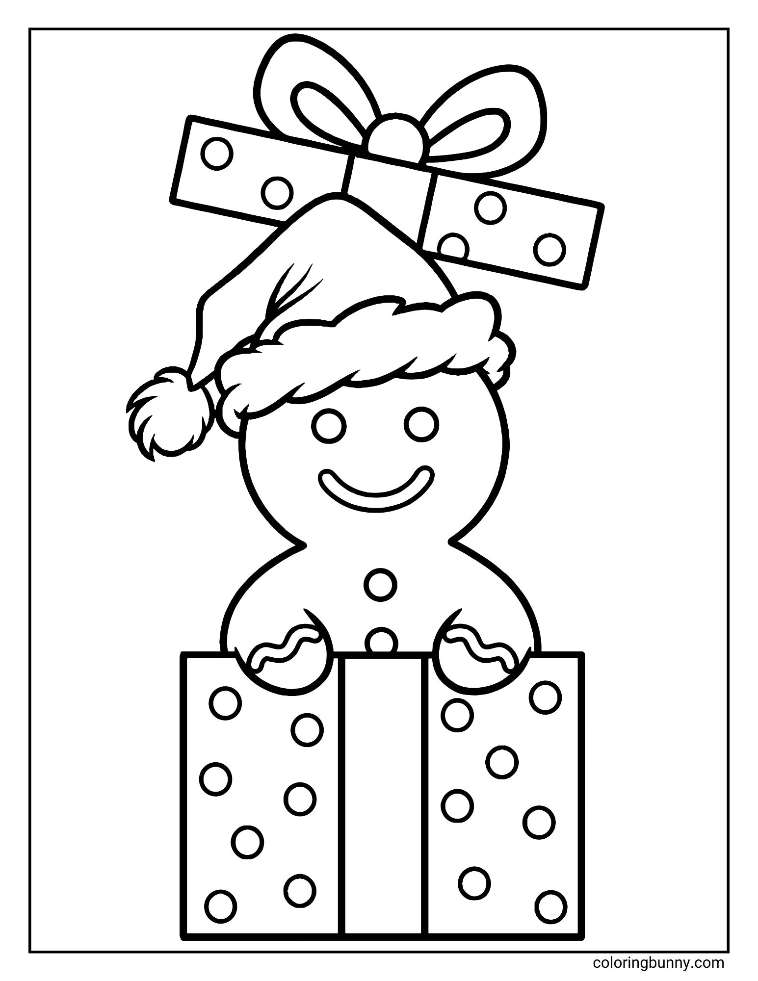 A coloring sheet illustrating a gingerbread man wearing a Santa hat emerging from a polka-dotted gift box. The box lid, complete with a ribbon bow, balances precariously on top of the cookie's head.