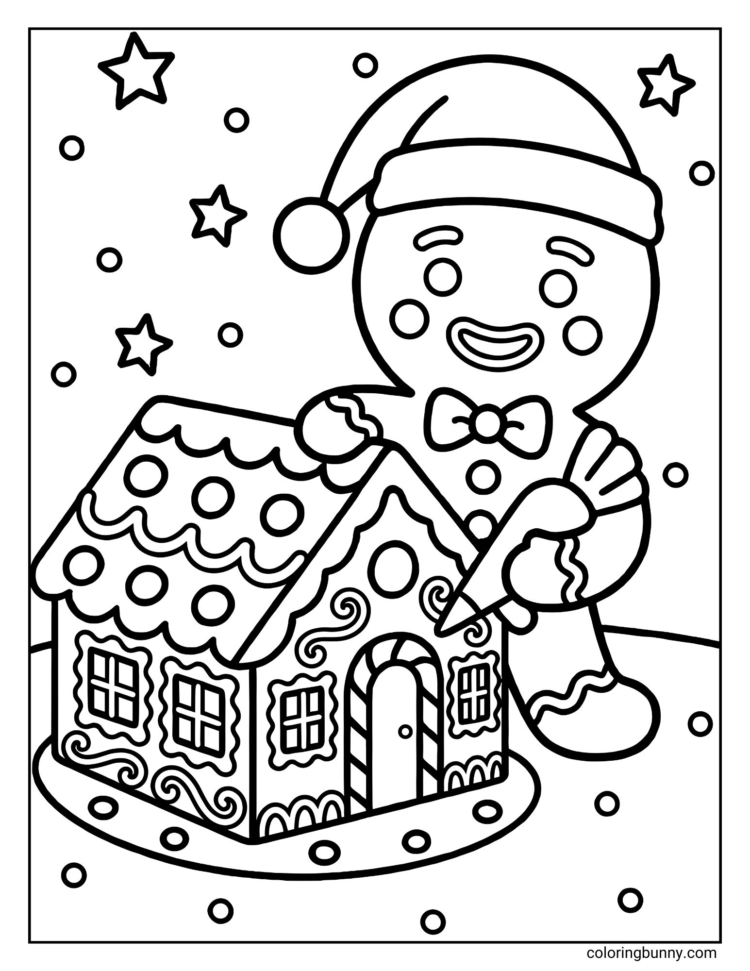 A coloring sheet depicting a smiling gingerbread man wearing a Santa hat. He is holding a piping bag and decorating a miniature gingerbread house with icing swirls, set against a background of falling snow and stars.