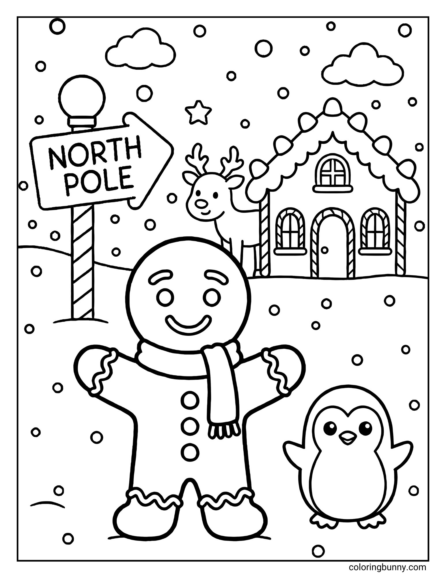 A coloring page showing a gingerbread man wearing a scarf standing next to a penguin. Behind them is a sign pointing to the "NORTH POLE", a reindeer, and a small gingerbread house under falling snow.