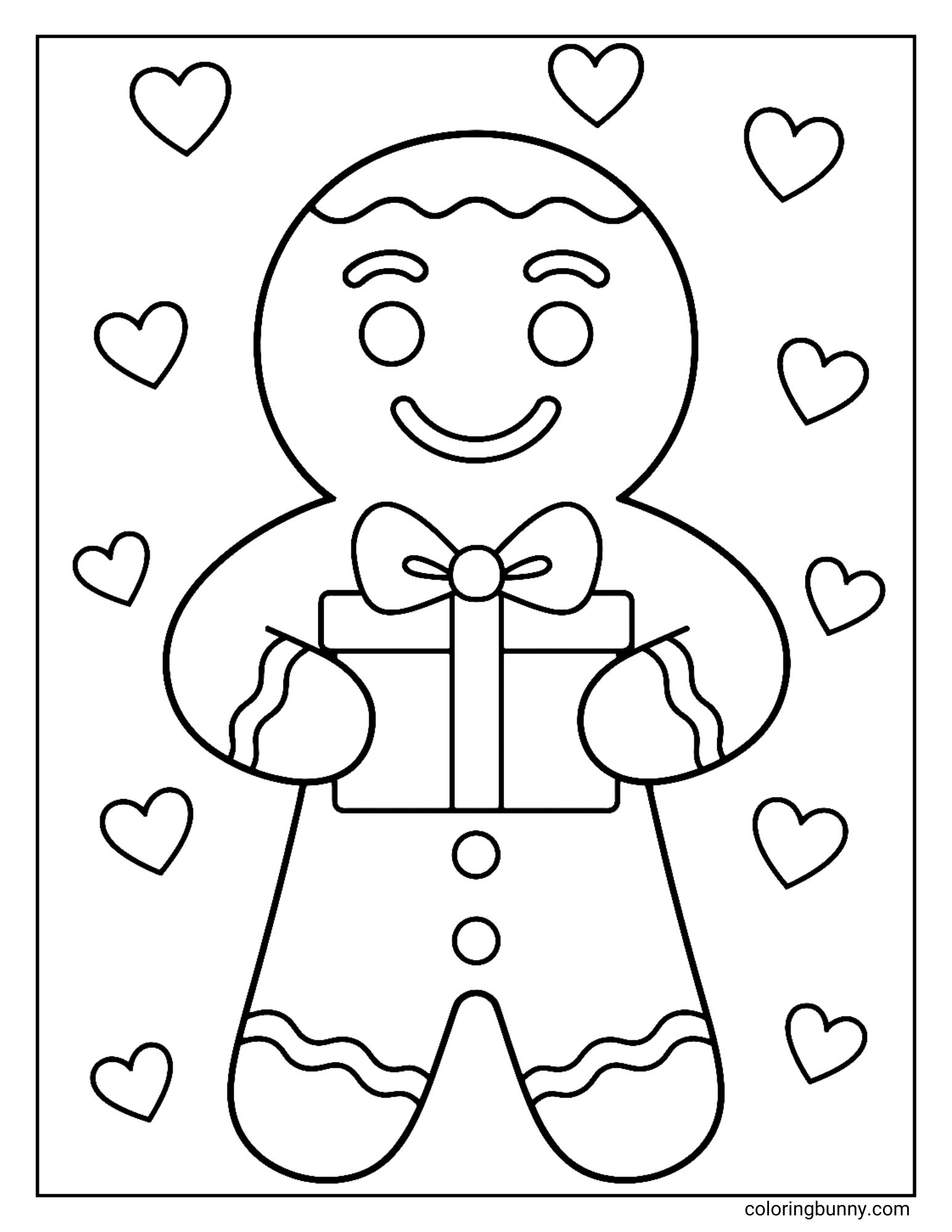 A black and white coloring sheet featuring a smiling gingerbread man holding a wrapped gift box. He is wearing a bow tie and is surrounded by many heart shapes in the background.