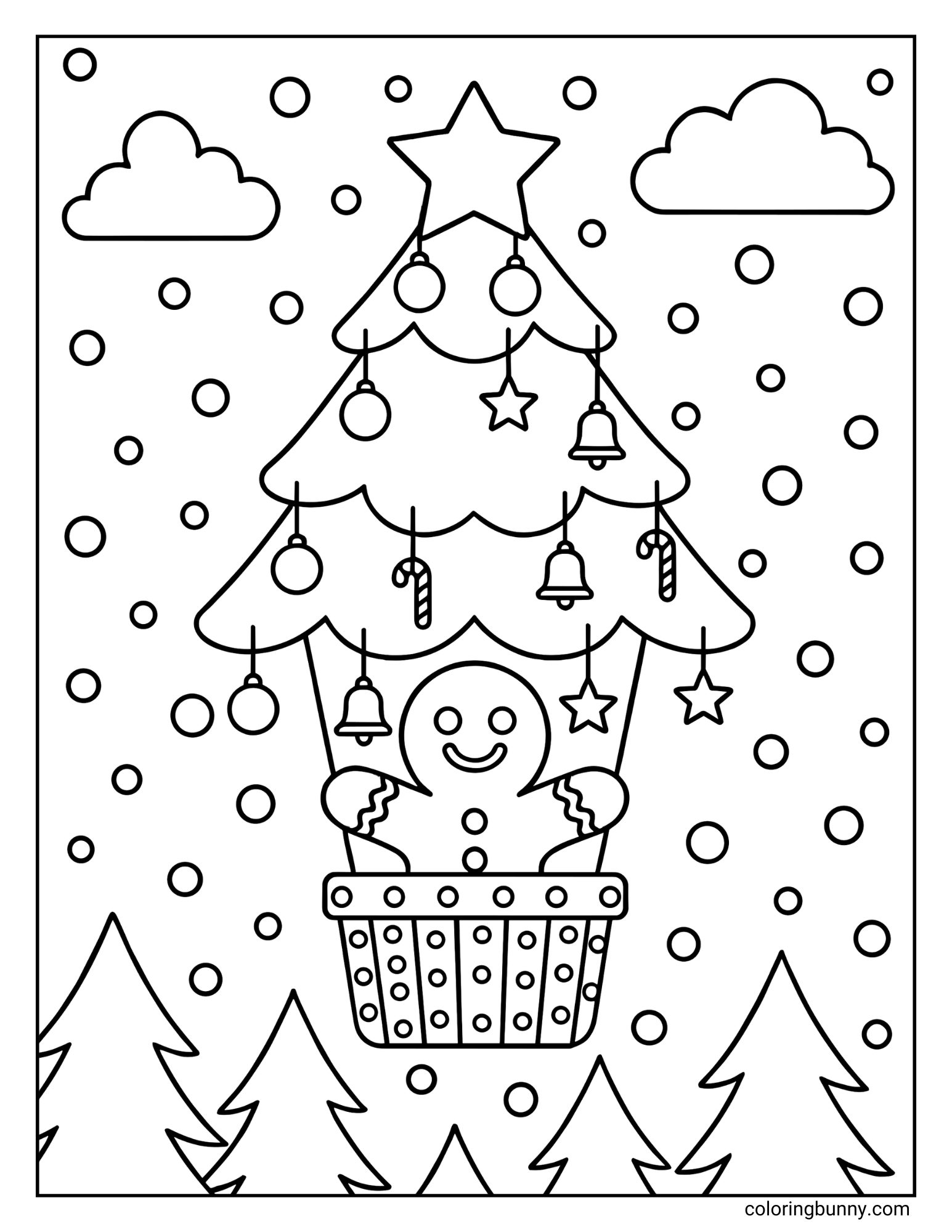 A Christmas coloring page featuring a gingerbread man riding in a hot air balloon shaped like a decorated Christmas tree. The tree balloon is topped with a star and hung with ornaments, floating above a snowy forest.