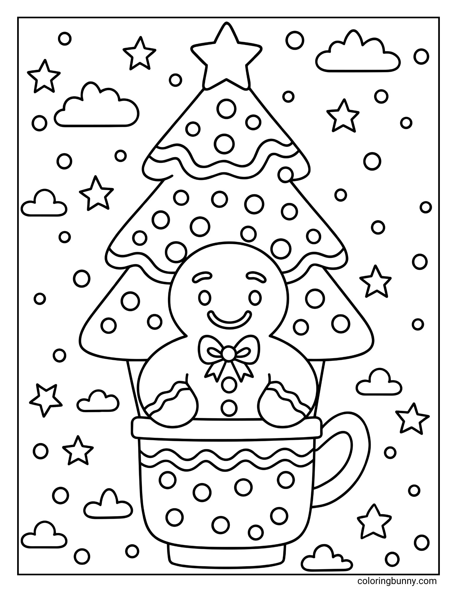 A festive coloring sheet featuring a gingerbread man riding in a whimsical hot air balloon. The balloon is shaped like a polka-dotted Christmas tree, and the basket resembles a tea cup, floating among clouds and stars.