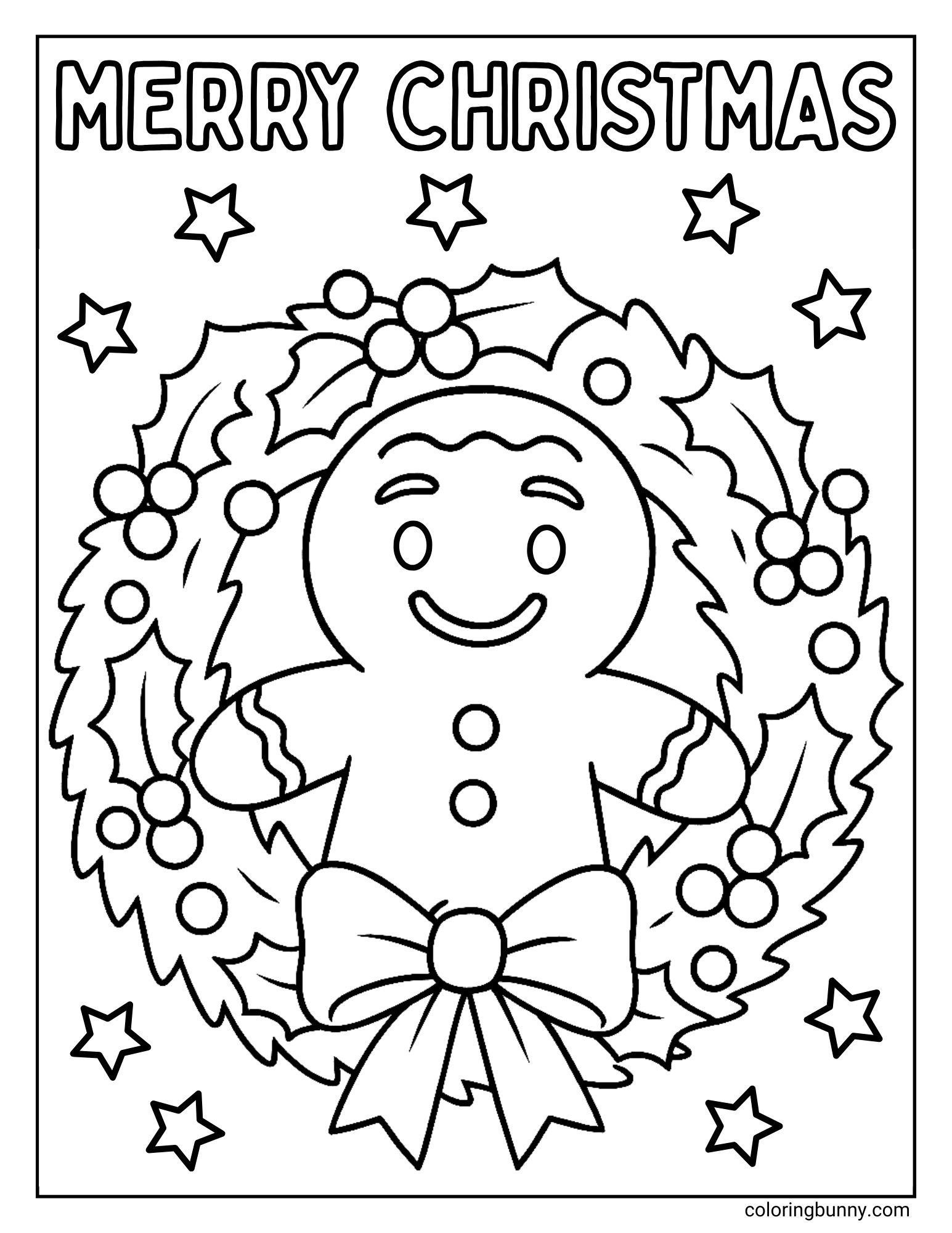 A black and white coloring page displaying the words "MERRY CHRISTMAS" above a large holly wreath. Inside the circle of leaves and berries stands a smiling gingerbread man, with a ribbon bow at the bottom and stars in the background.
