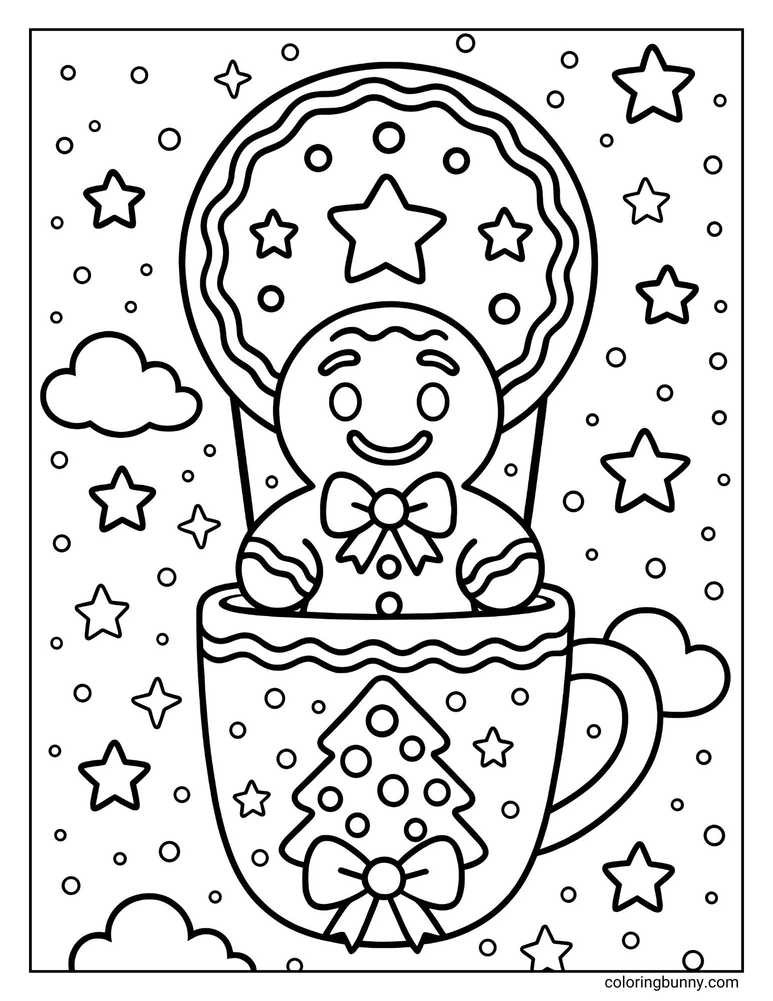 A coloring sheet featuring a gingerbread man piloting a whimsical hot air balloon. The balloon is shaped like a decorated round cookie, and the basket resembles a teacup adorned with a Christmas tree, floating among stars and clouds.