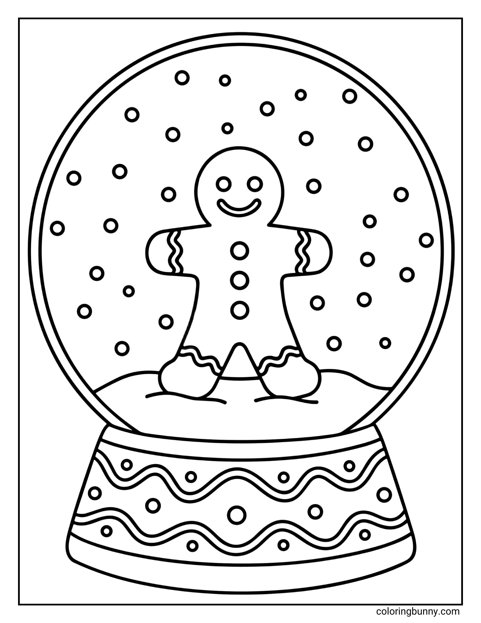 A printable coloring sheet featuring a large snow globe with a smiling gingerbread man inside. He stands amidst falling snow, resting on a base decorated with wavy lines and dots.
