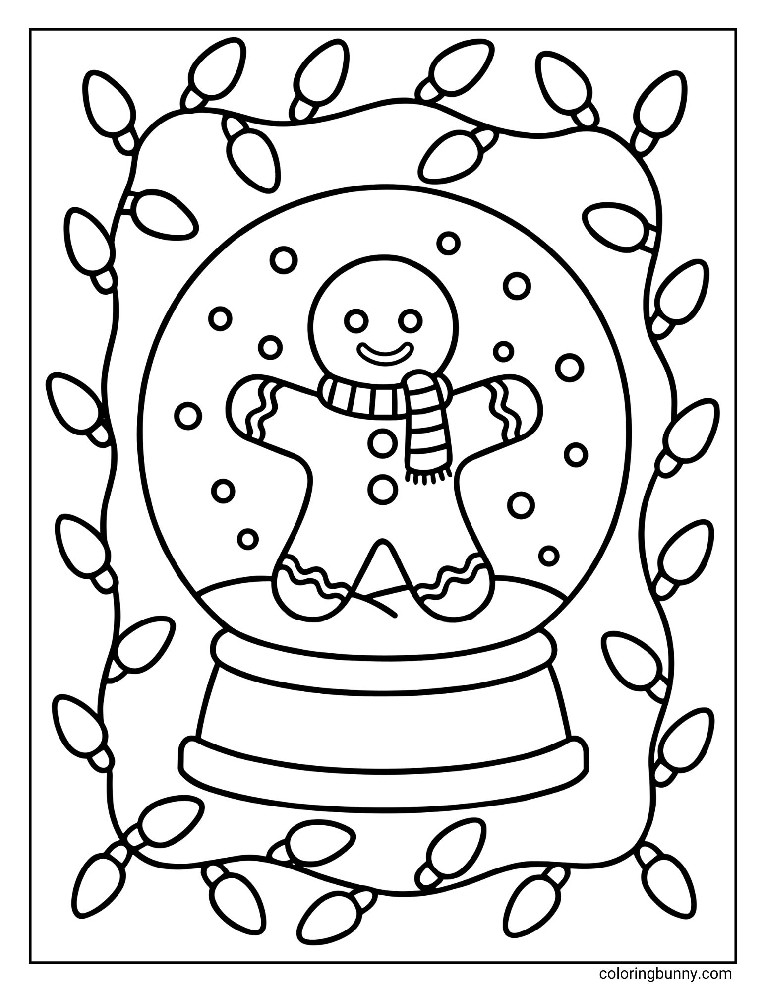 A Christmas coloring sheet featuring a snow globe containing a gingerbread man wearing a scarf. The globe is framed by a border of large, bulbous Christmas string lights.