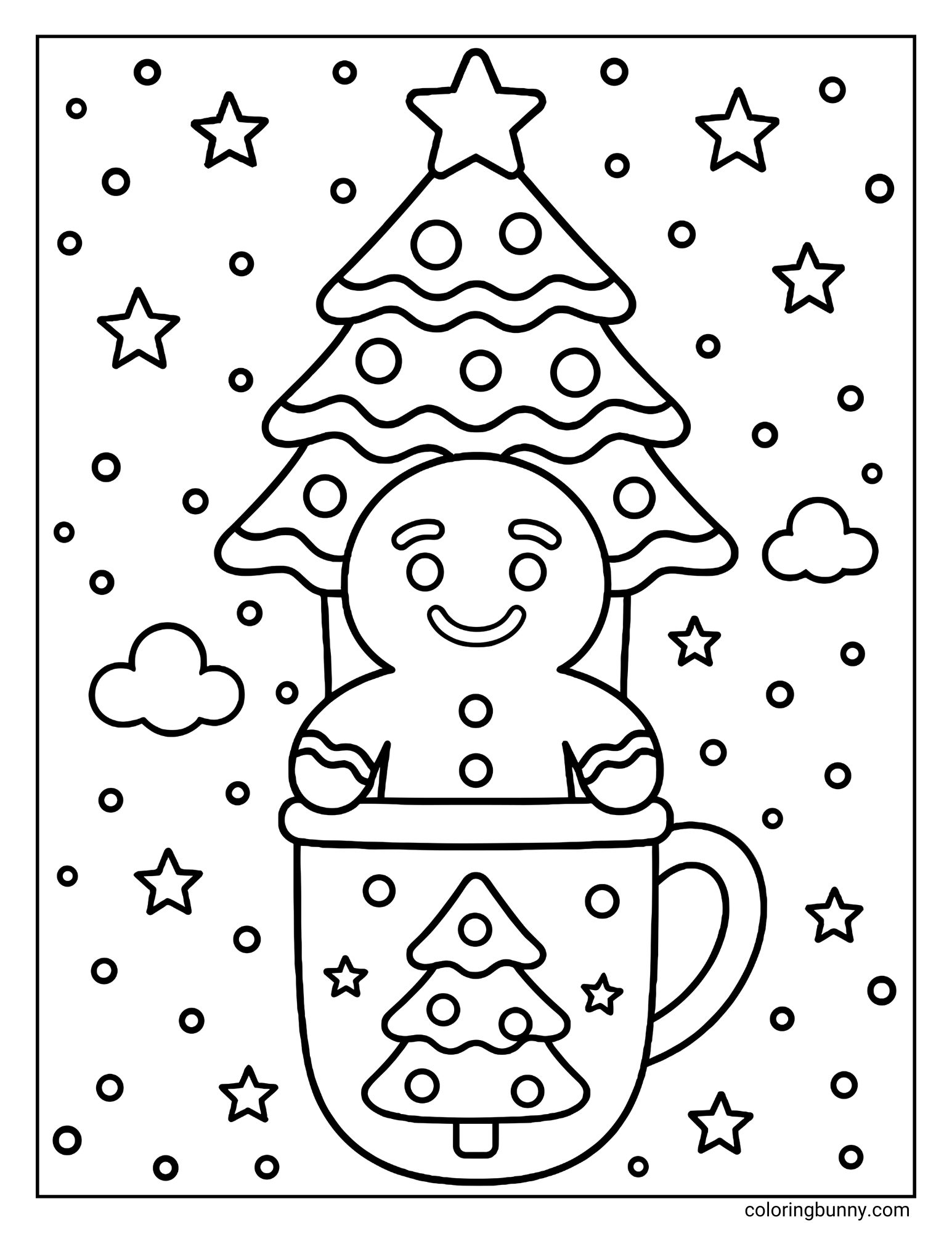 A whimsical coloring page featuring a gingerbread man piloting a hot air balloon. The balloon is shaped like a decorated Christmas tree, while the basket resembles a teacup adorned with a tree design, floating among stars and clouds.