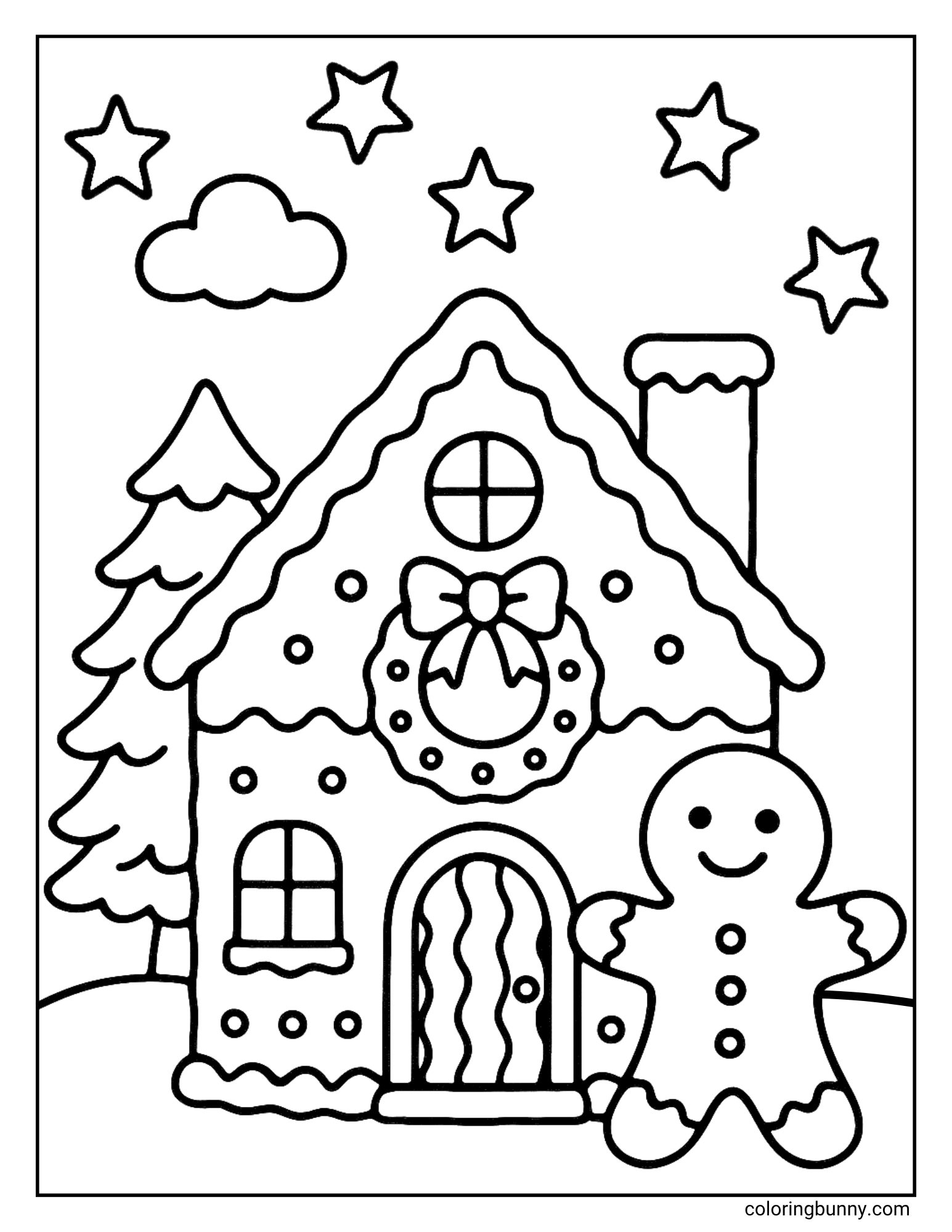 A gingerbread house coloring sheet featuring a smiling gingerbread man standing beside his decorated cottage. The house has a wreath above the door, and the scene includes a pine tree and starry sky.