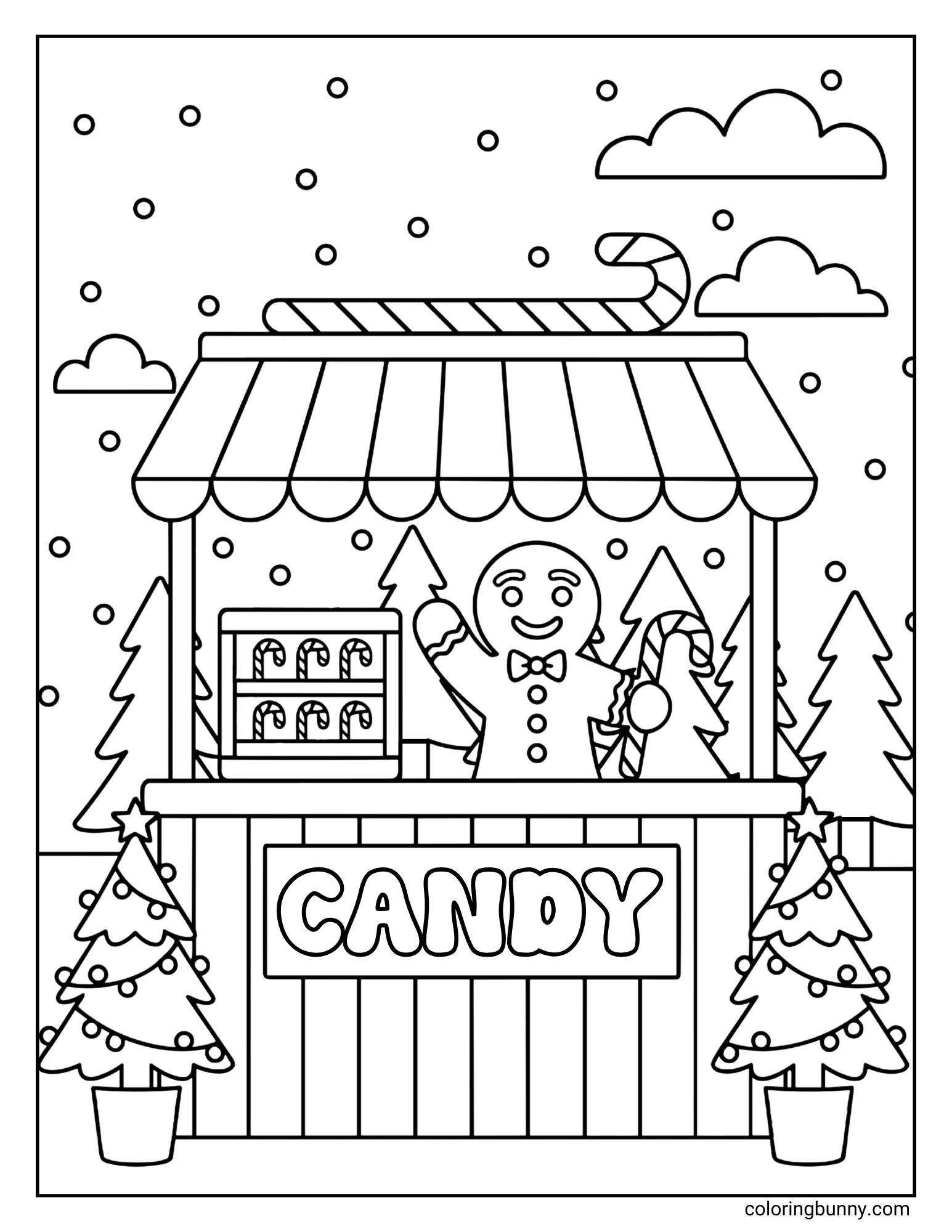 A coloring page depicting a gingerbread man waving from behind a stall labeled "CANDY". He holds a candy cane, with shelves of sweets behind him, flanked by two potted Christmas trees.